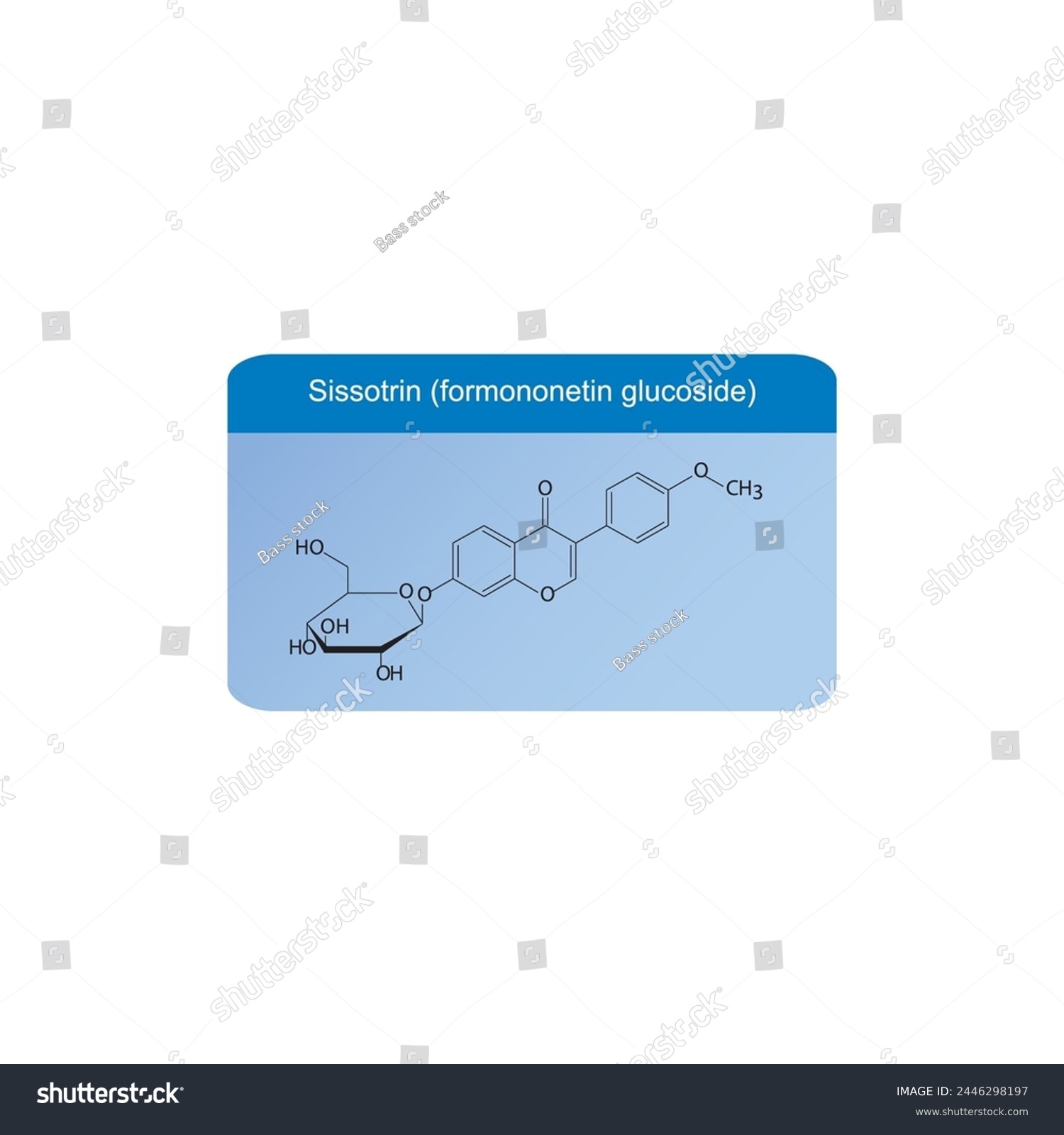 SVG of Sissotrin (formononetin glucoside) skeletal structure diagram.Isoflavanone compound molecule scientific illustration on blue background. svg