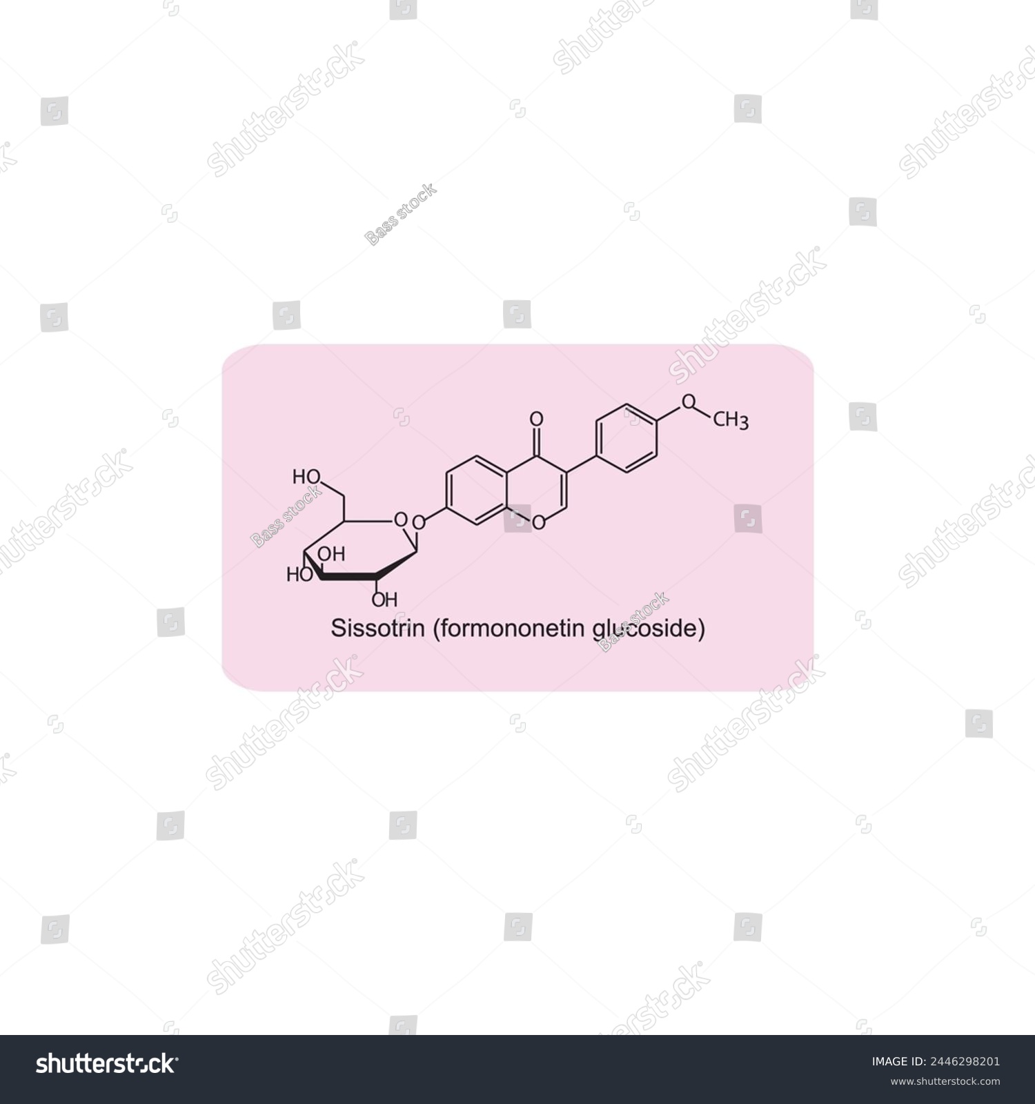 SVG of Sissotrin (formononetin glucoside) skeletal structure diagram.Isoflavanone compound molecule scientific illustration on pink background. svg