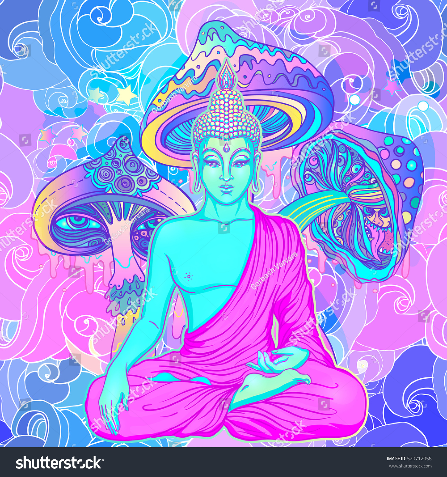 stock vector sitting buddha over colorful neon background vector illustration psychedelic mushroom 520712056