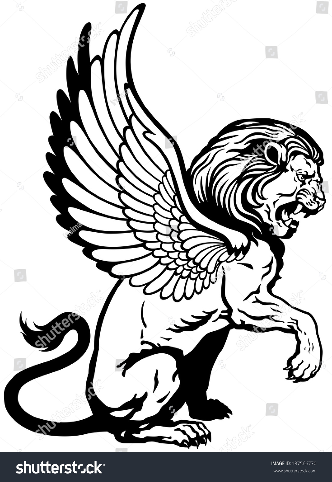 Sitting Winged Lion, Mythological Creature, Black And White Tattoo ...