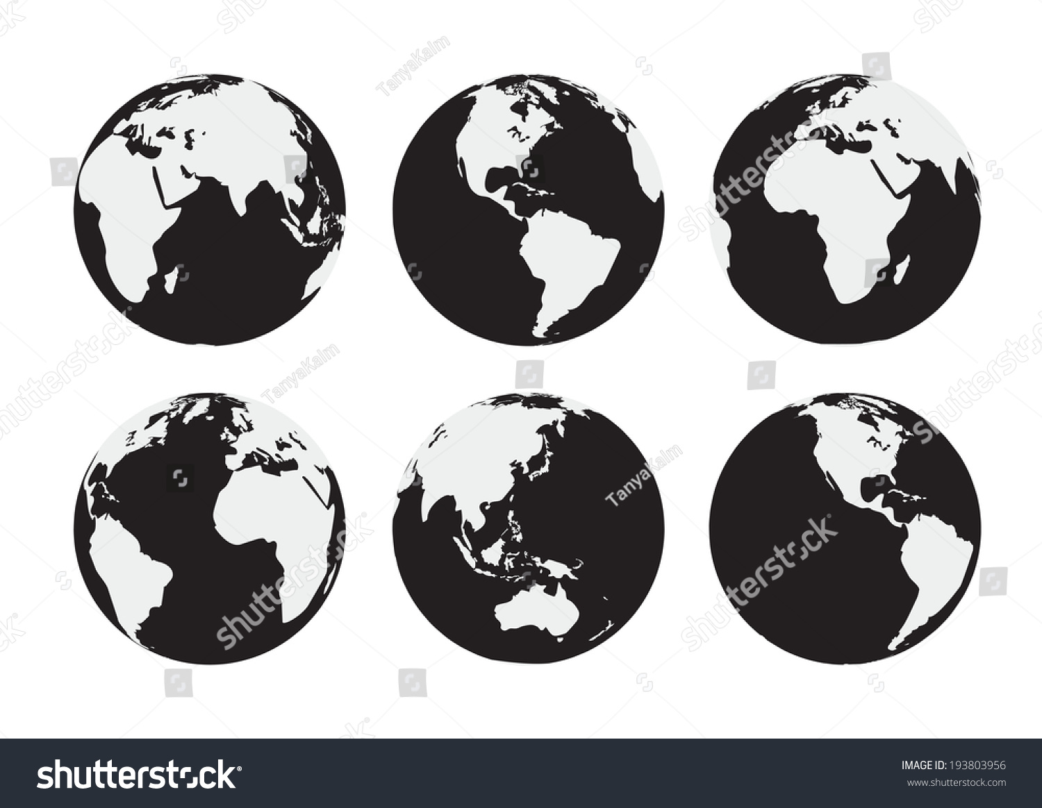 白黒のベクター地球地球儀6つ のベクター画像素材 ロイヤリティフリー