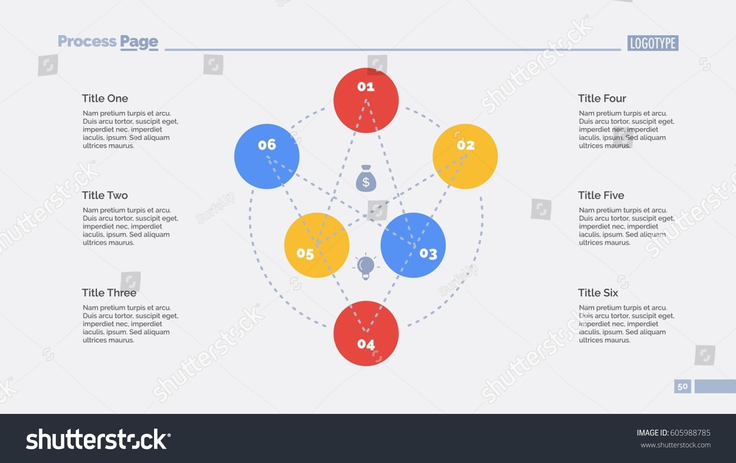 Six Elements Flowchart Slide Template Stock Vector (Royalty Free) 605988785