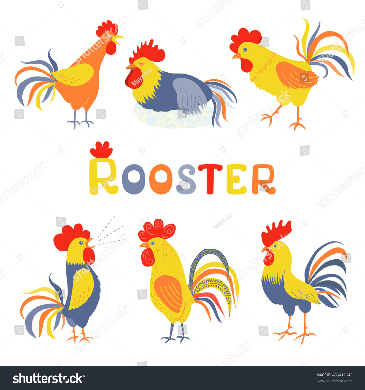 SVG of Six lovely cockerels on a white background. Illustration in flat style. Cocks crowing. Cock-a-doodle-doo. Cockerel slipping. Rooster symbol of Chinese New Year. Lettering is hand drawn svg