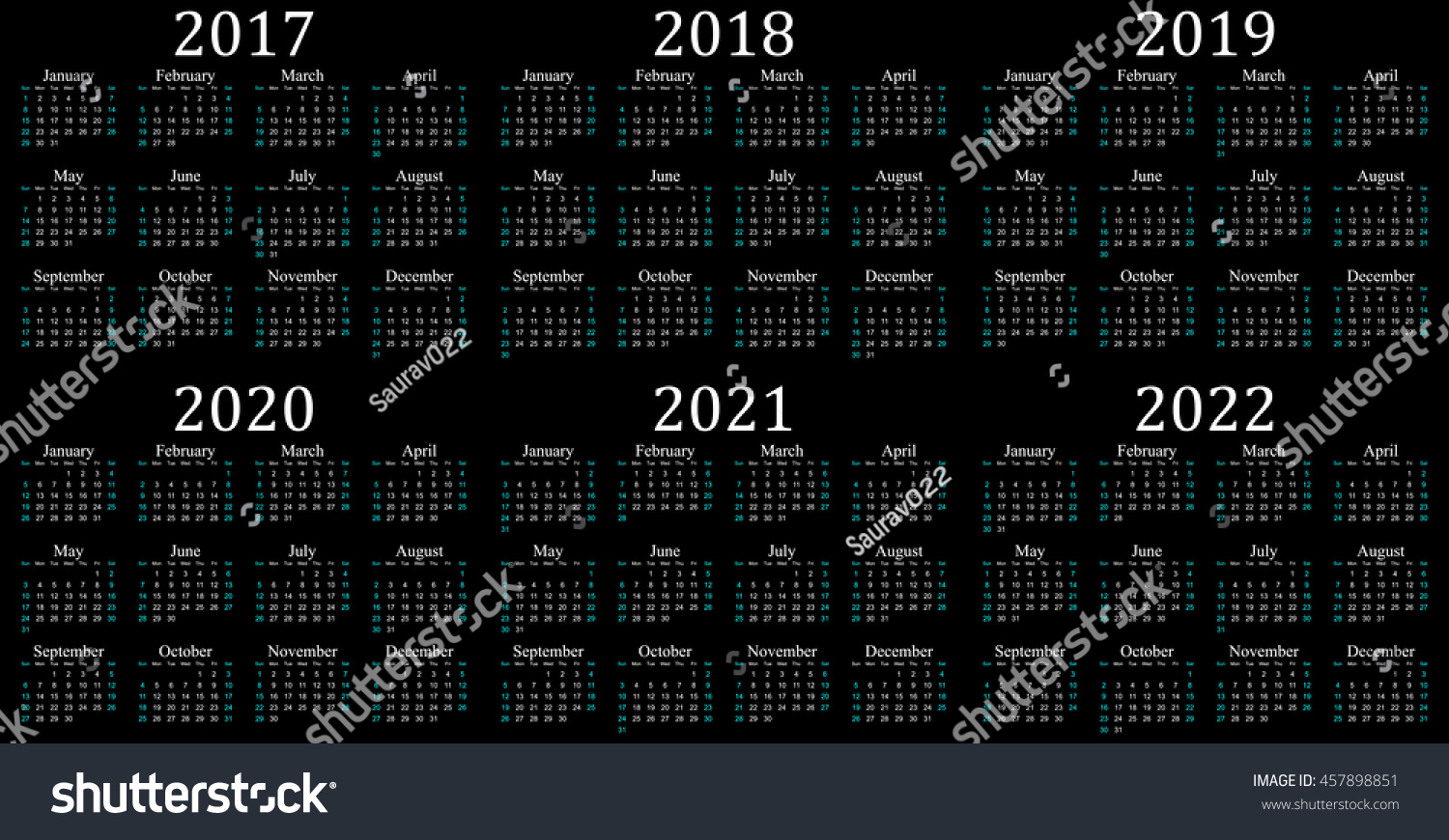 Six Year Calendar 2017 2018 2019 Stock Vector (Royalty Free) 457898851