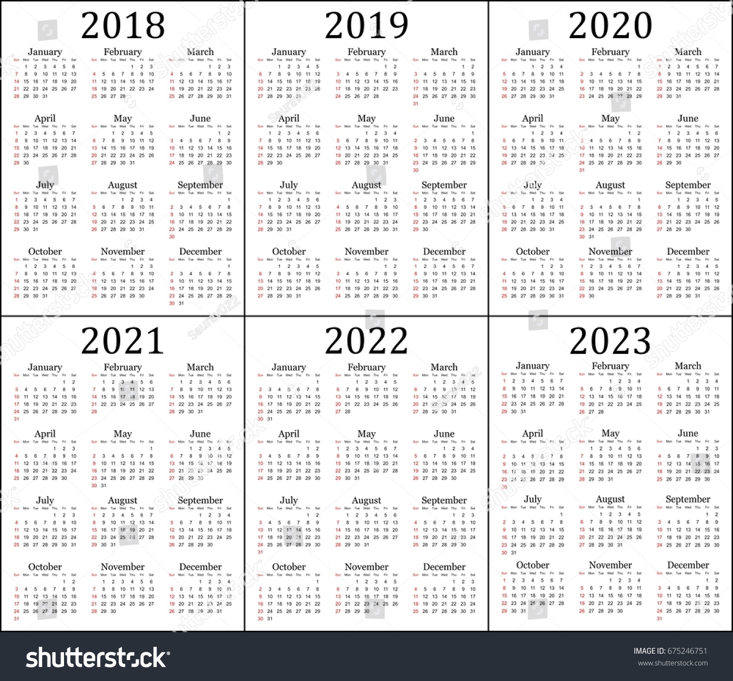 Six Year Calendar 2018 2019 2020 Stock Vector (Royalty Free) 675246751