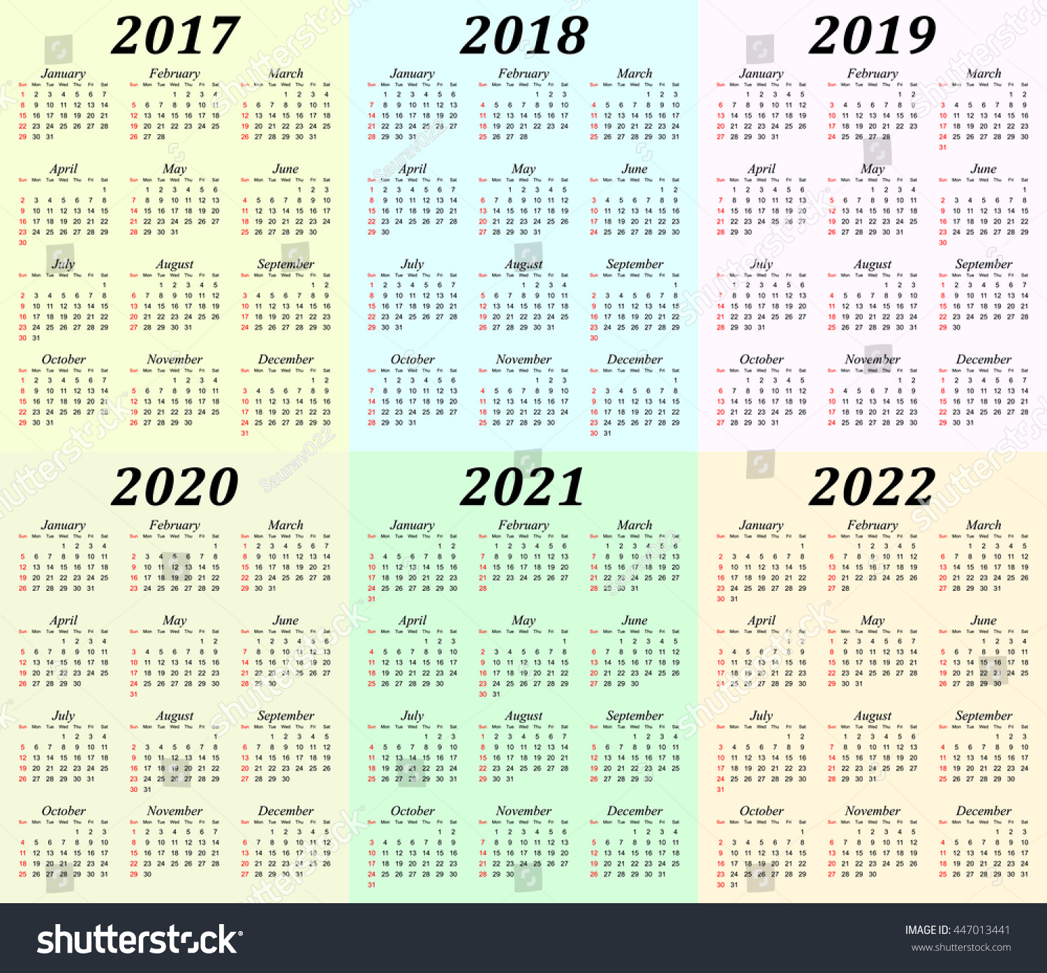 Six Flags Calendar 2022 Six Year Vector Calendar 2017 2018 Stock Vector (Royalty Free) 447013441