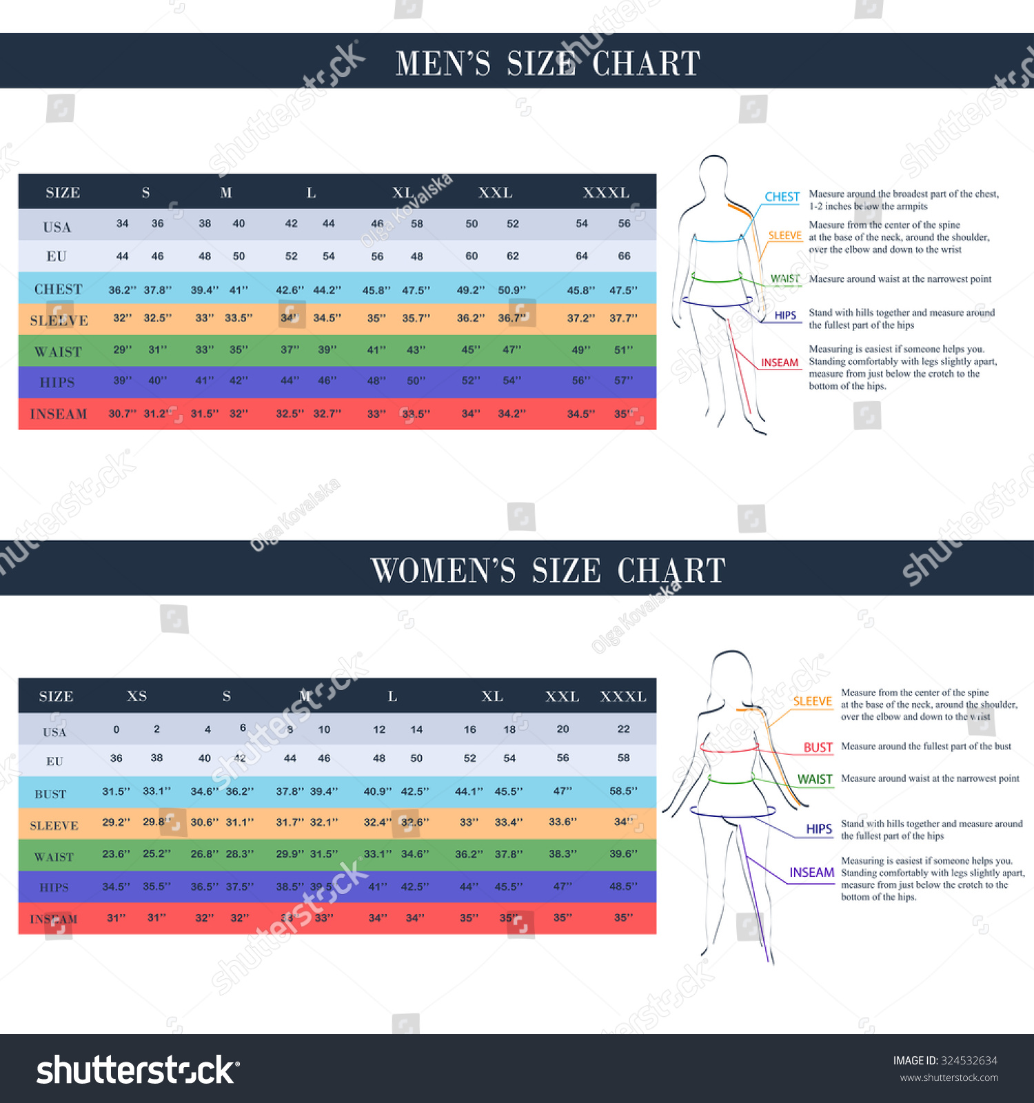 Size Chart Women Men Measurements 