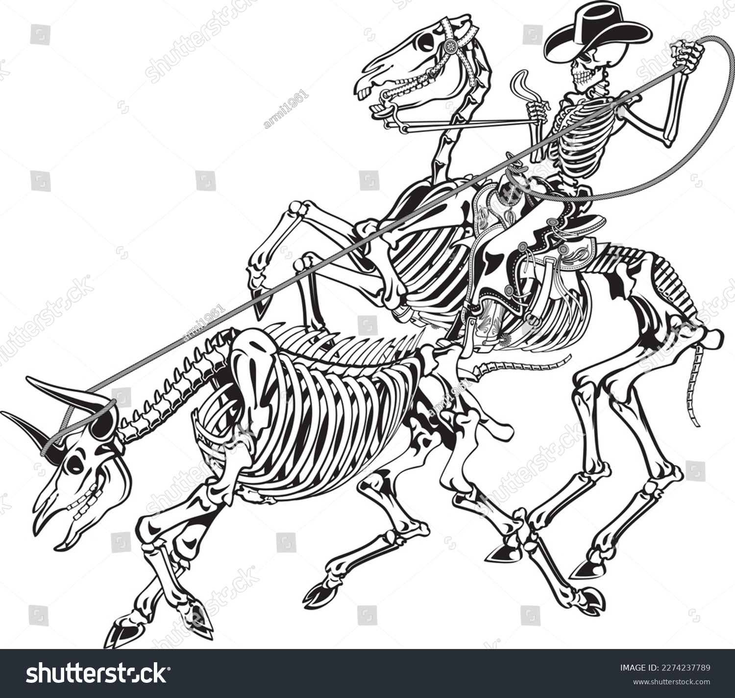 SVG of Skeleton cowboy on skeleton horse catching skeleton bull with lasso svg