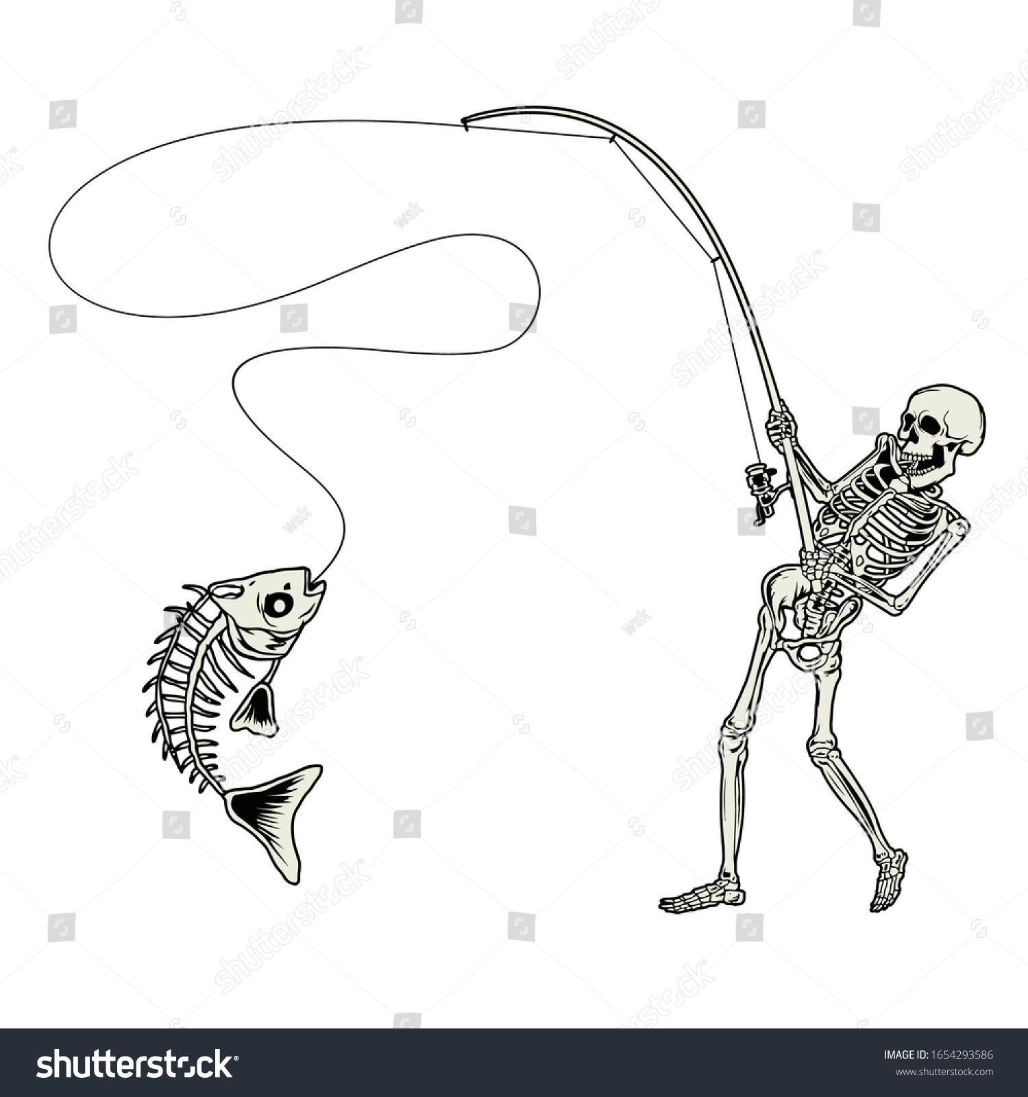 SVG of Skeleton skull fishing a bone fish vector hand drawn svg