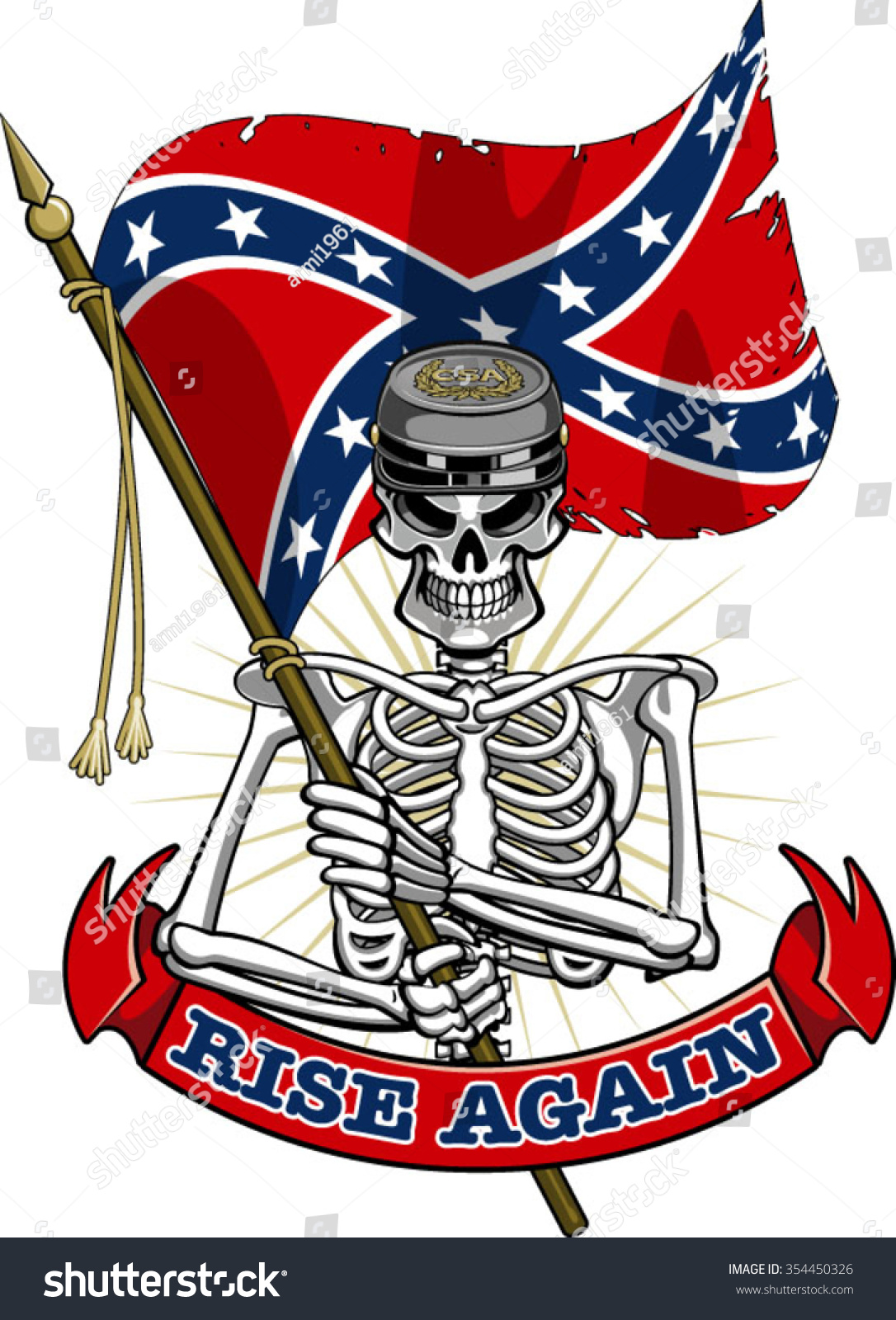 SVG of skeleton wearing confederate cap and flag, banner with text rise again svg