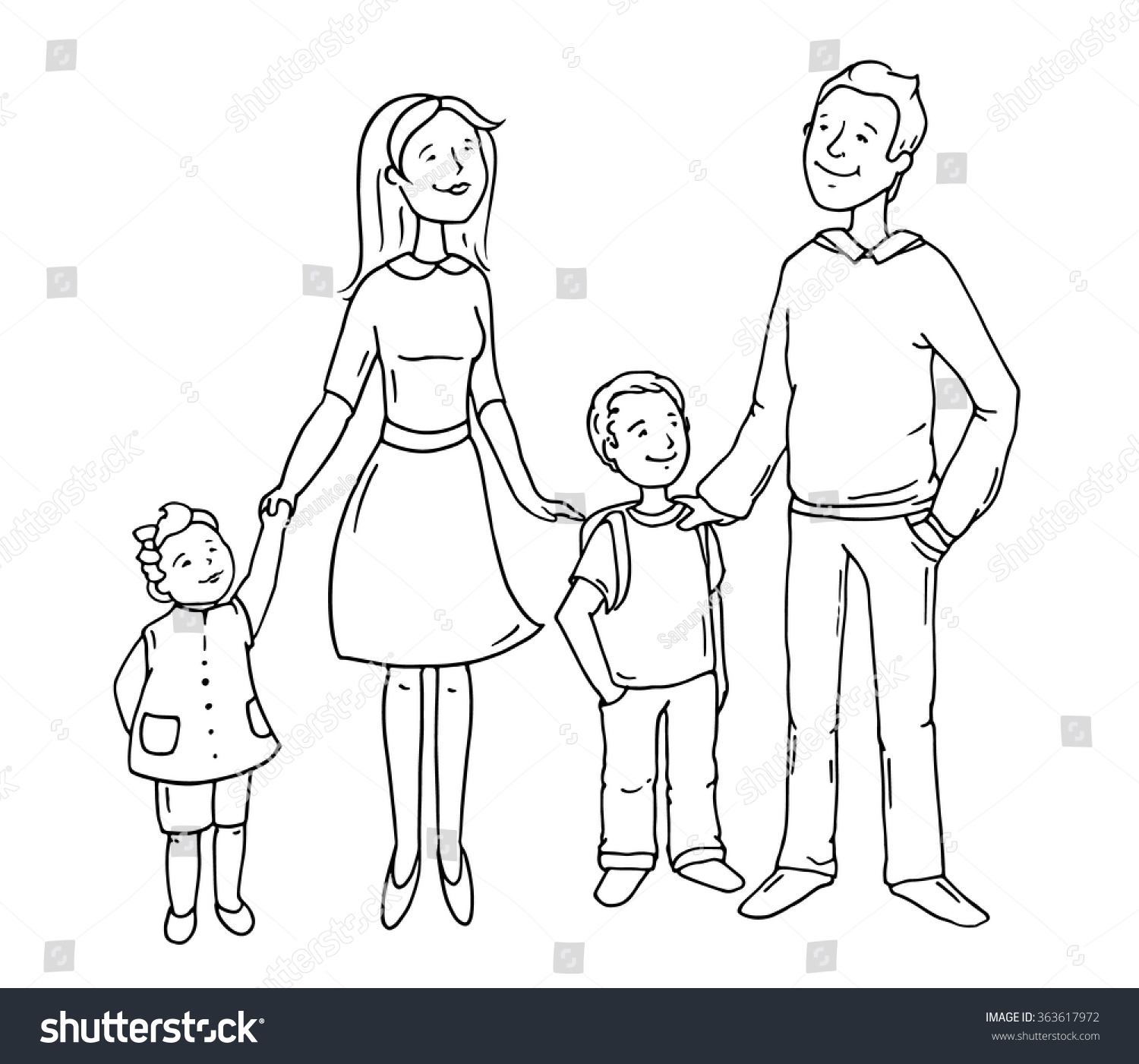 Sketch Cartoon Happy Family Standing Together vector de stock (libre