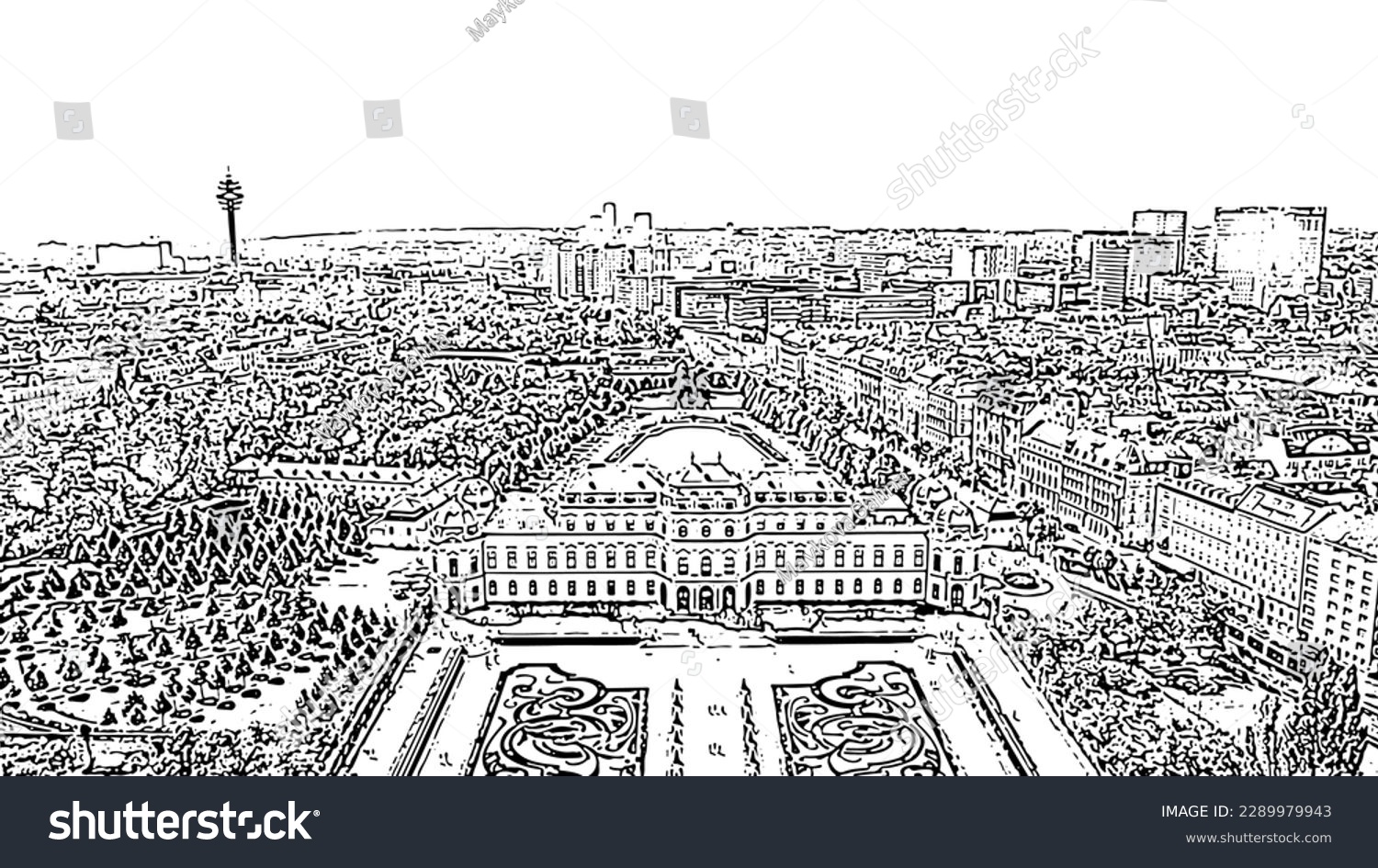SVG of Sketch doodle style. Vienna, Austria. Baroque palace complex in Vienna. Built by Lucas von Hildebrandt at the beginning of the 18th century, Aerial View   svg