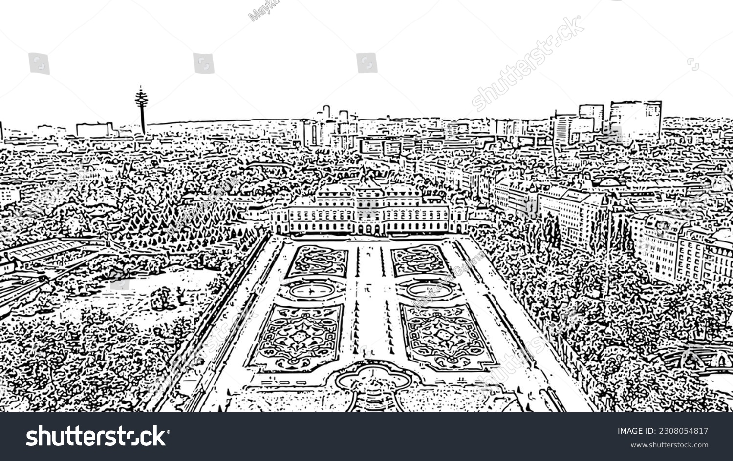 SVG of Sketch doodle style. Vienna, Austria. Baroque palace complex in Vienna. Built by Lucas von Hildebrandt at the beginning of the 18th century, Aerial View   svg