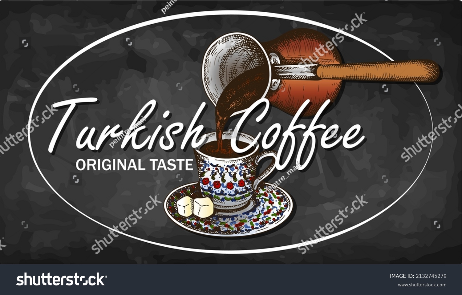 SVG of Sketch drawing colorful logo of Turkish coffee isolated on chalkboard. Line art cup of black coffee with lokum on blackboard. Oriental cafe label. Traditional arabic hot drink. Vector illustration. svg
