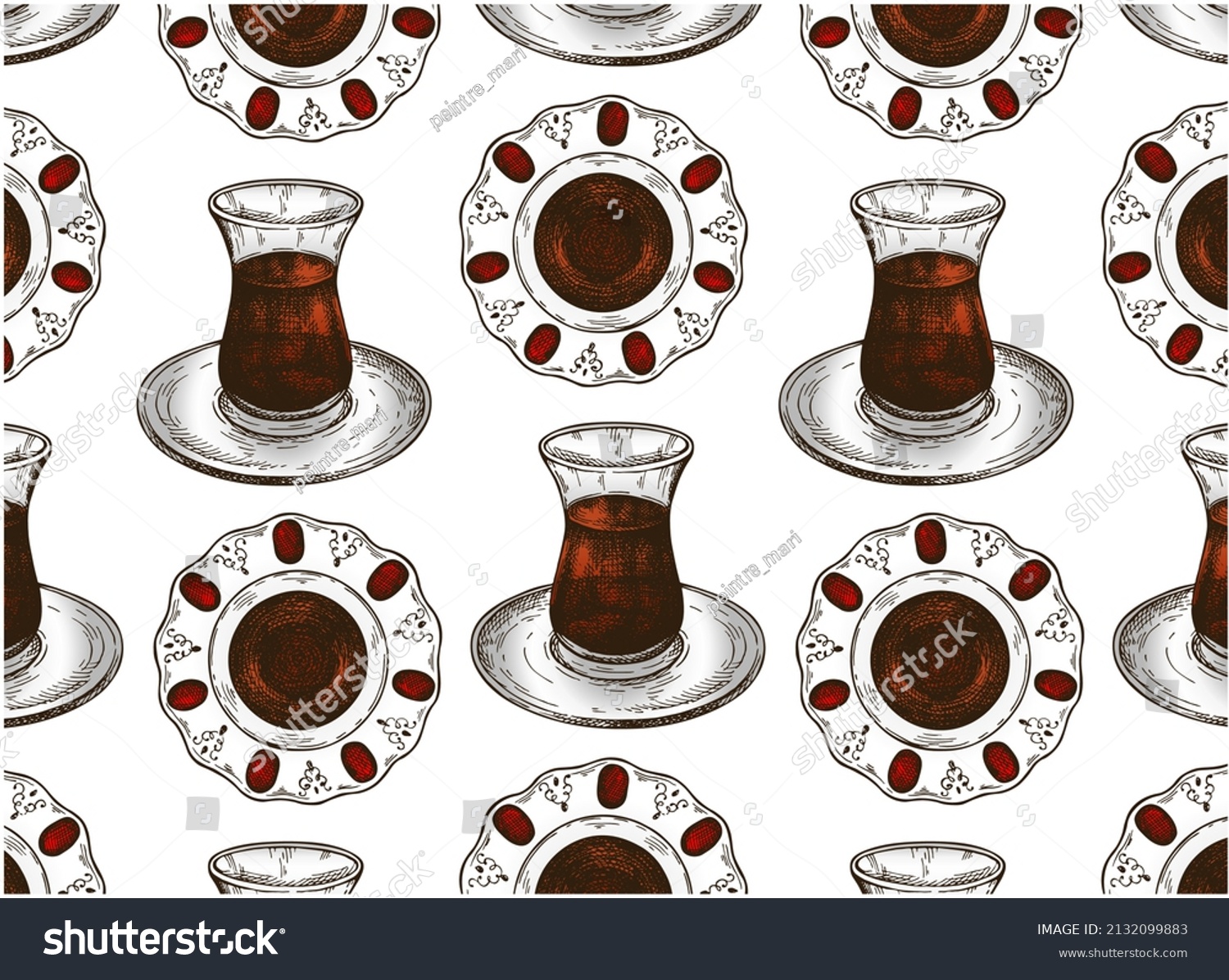 SVG of Sketch drawing pattern of traditional Turkish hot black tea in glass cup isolated on transparent background. Engraved Arabian brewed drink wallpaper. Tulip shape mug, pot. Vintage vector illustration. svg