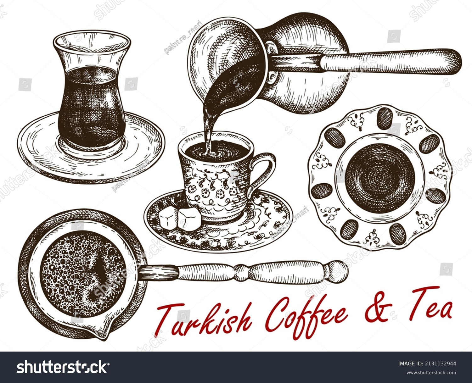 SVG of Sketch drawing set of Turkish tea and coffee in glass cup isolated on white background. Engraved drawing traditional Turkish hot drink, turk cup of coffee, turkish delight. Vintage vector illustration svg