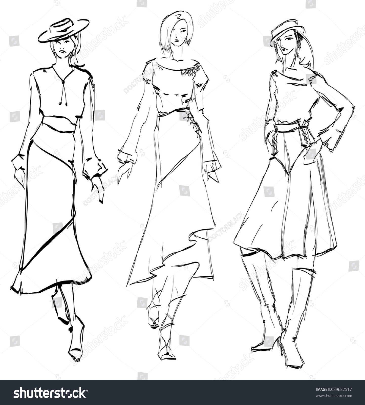 Sketch. Fashion Girl. Hand-Drawn Fashion Model. Vector Illustration ...