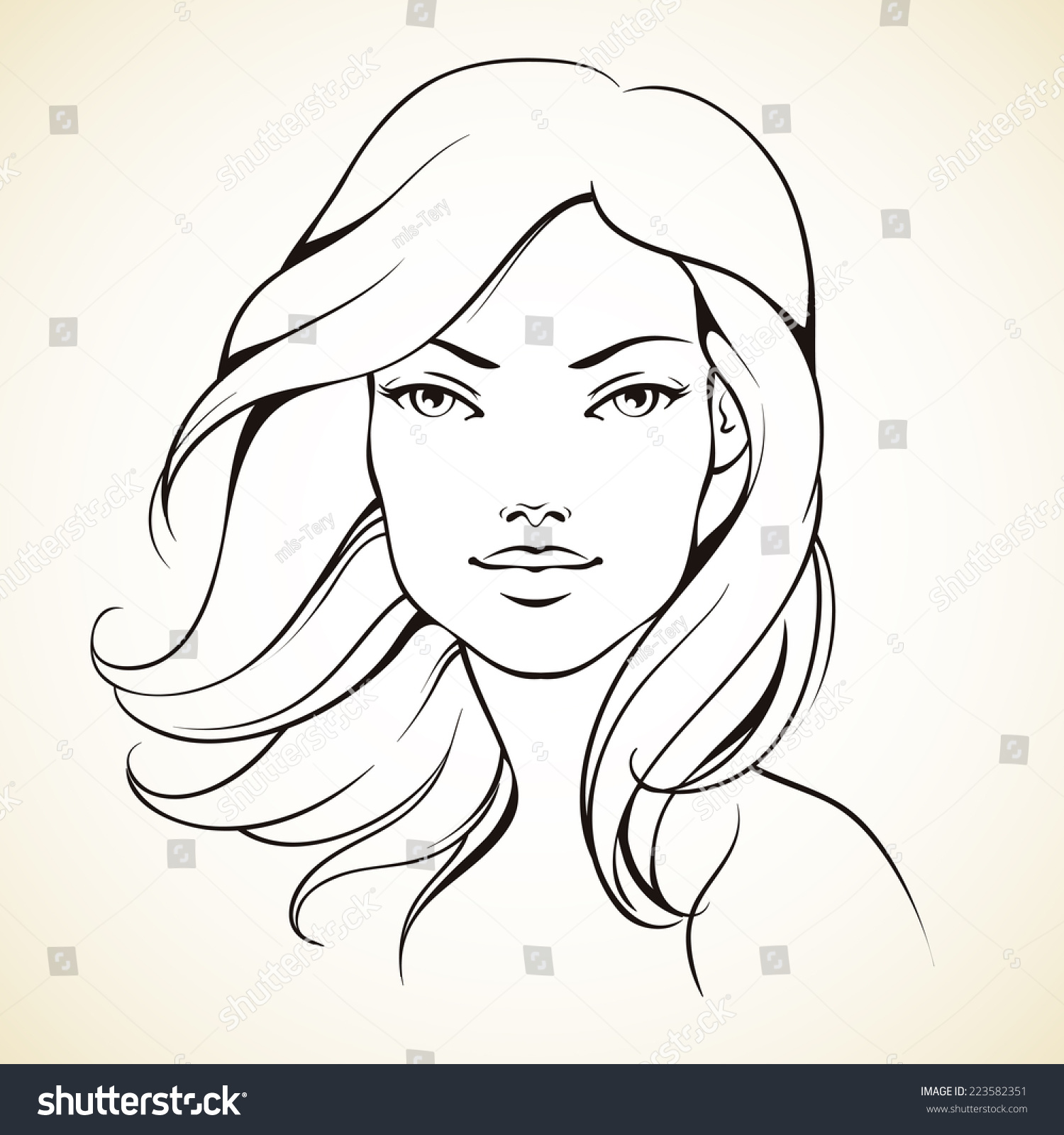 Sketch Girl With Wave Hair. Line Graphic Stock Vector 223582351 ...