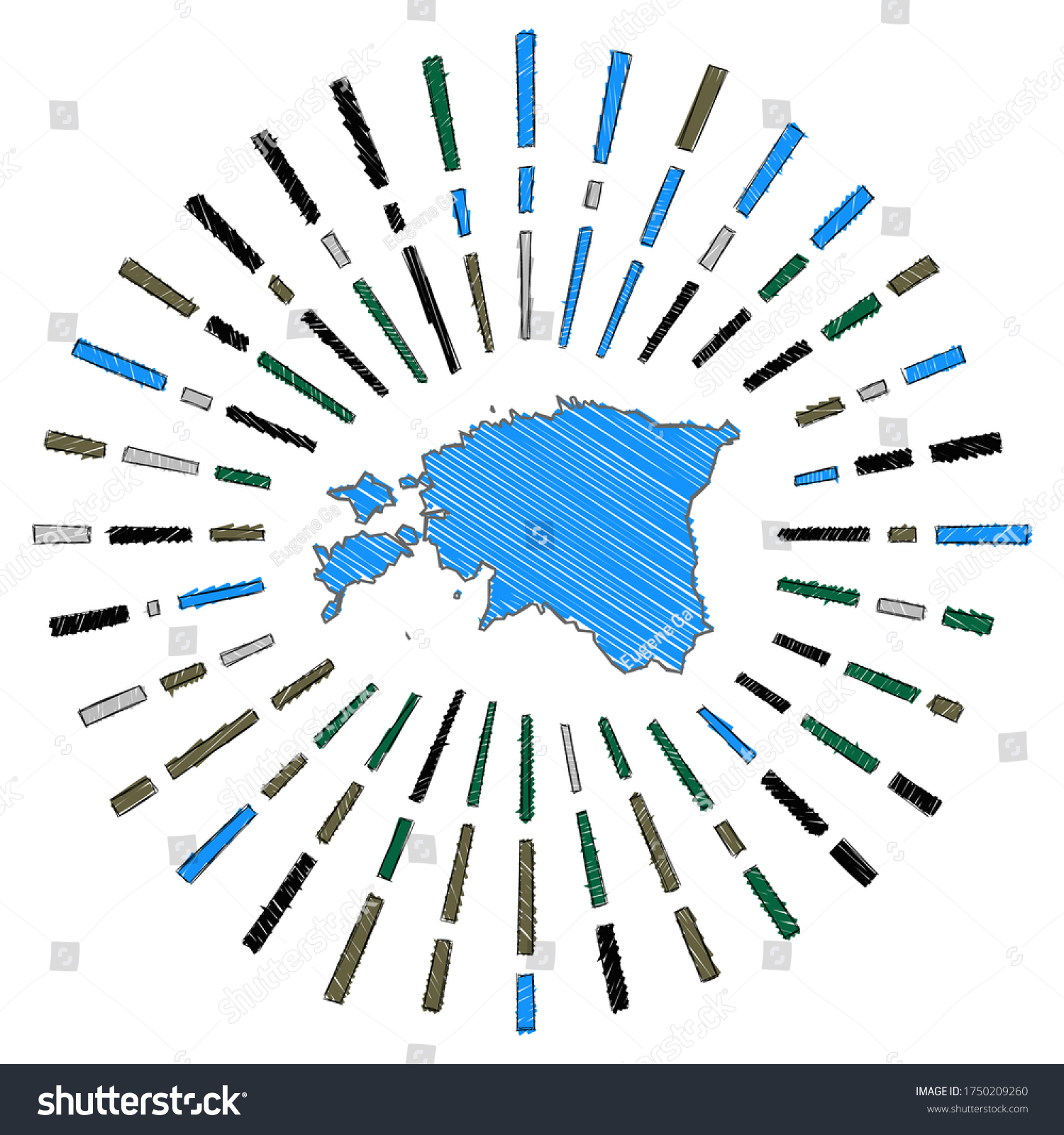 Sketch Map Estonia Sunburst Around Country   Stock Vector Sketch Map Of Estonia Sunburst Around The Country In Flag Colors Hand Drawn Estonia Shape With 1750209260 