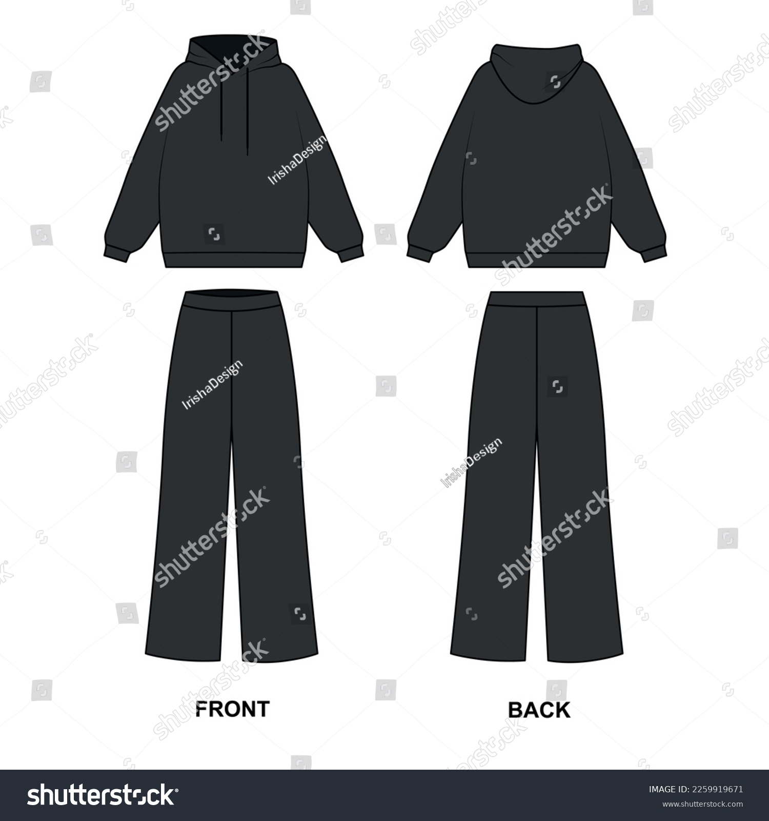 SVG of Sketch of a fashionable black suit consisting of wide trousers and a hoodie, vector. Outline drawing Pajama pants and sweatshirt. Women's tracksuit template, front and back view. svg