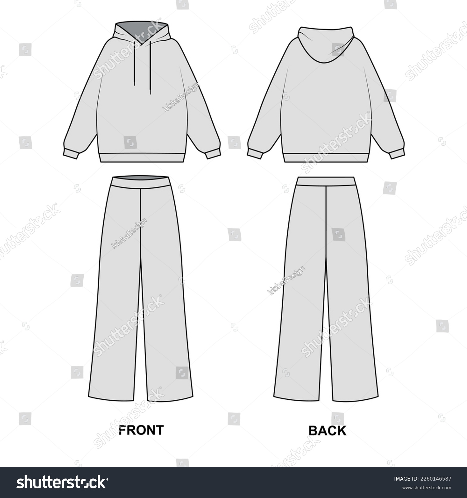 SVG of Sketch of a fashionable suit consisting of wide pants and a hoodie, vector. Outline drawing Pajama pants and sweatshirt. Women's tracksuit template, front and back view. svg