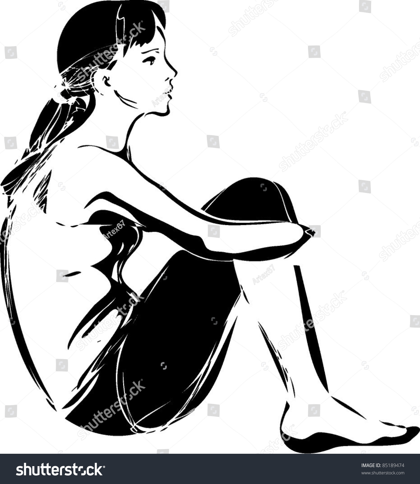 Sketch Girl Sitting Hugging Her Knees Stock Vector 85189474 - Shutterstock