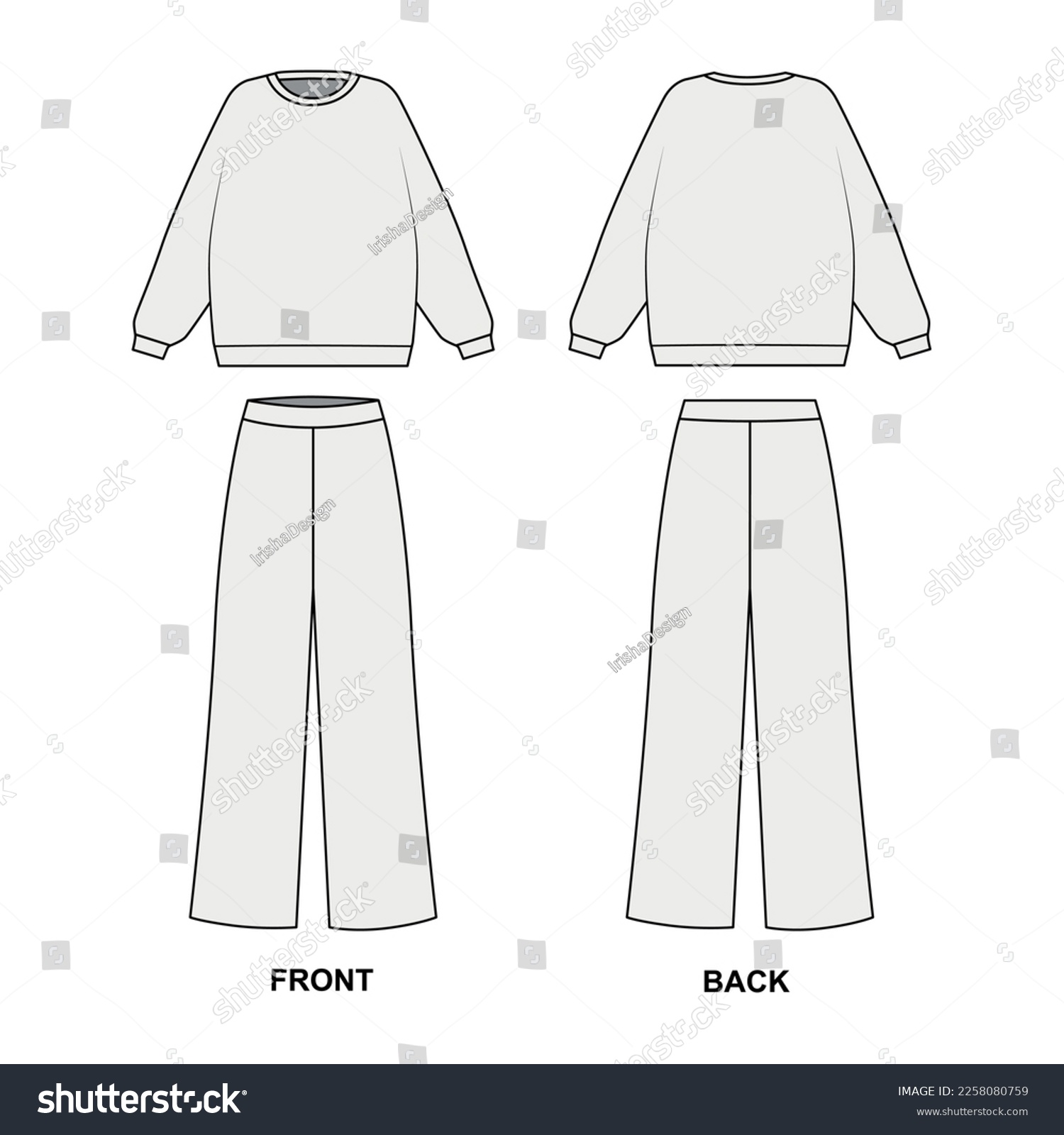 SVG of Sketch of a trendy suit consisting of wide pants and a sweatshirt with a round neck, vector. Outline drawing Pajama pants and sweatshirt. Front and back view women's tracksuit template, vector. svg