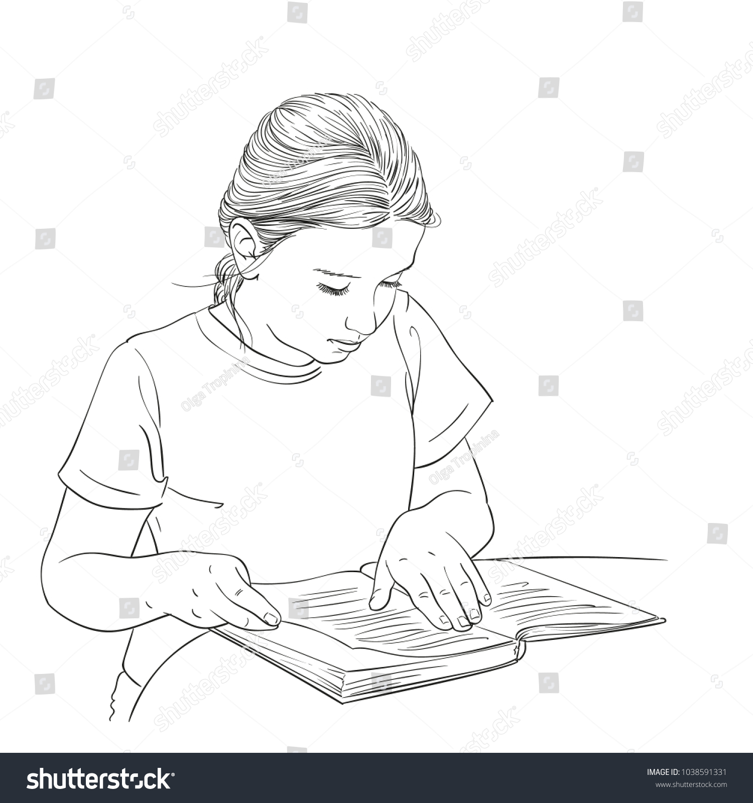 Sketch Cute Girl Reading Book Hand vetor stock (livre de direitos