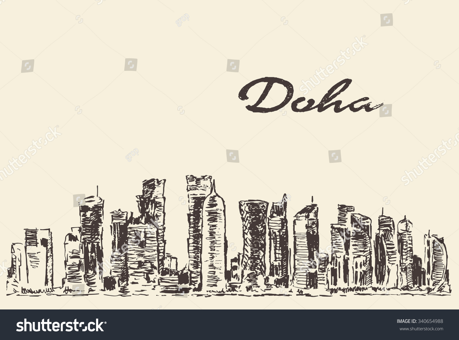 Sketch Doha Skyline Vector Illustration Hand เวกเตอร์สต็อก (ปลอดค่า