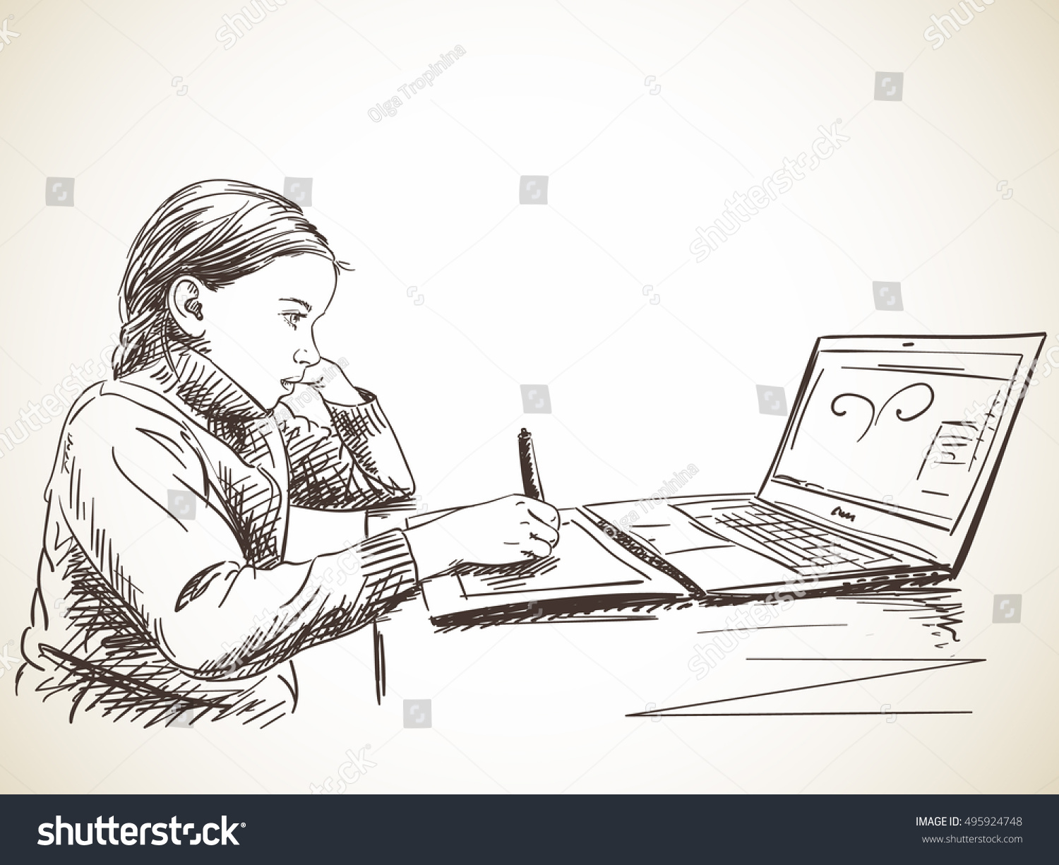 pen editor sketch 495924748 Sketch Draw Pen Studying Vector Girl Stock Using