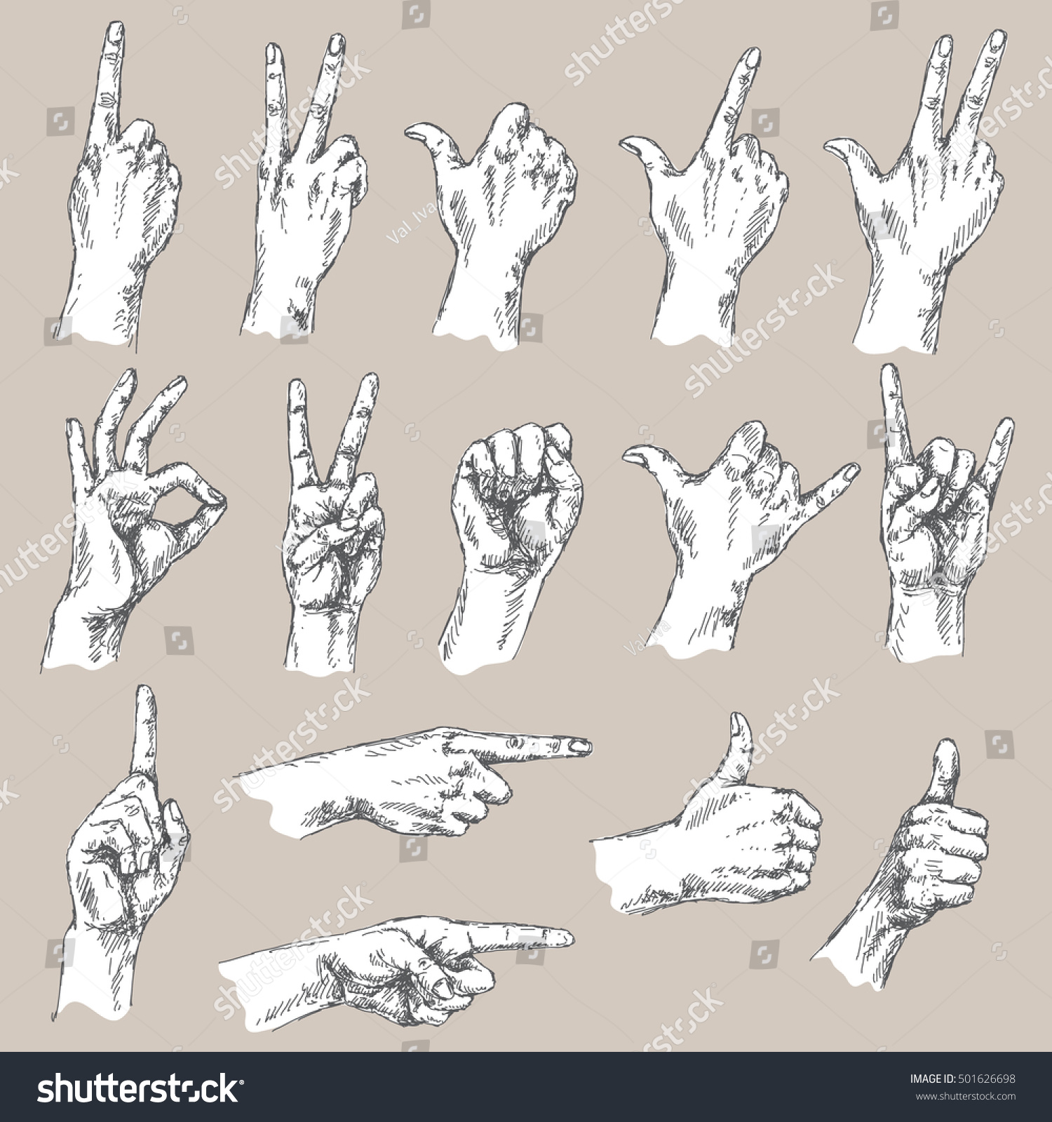 Sketch Hand Gestures Monochrome Set Different Stock Vector (Royalty ...