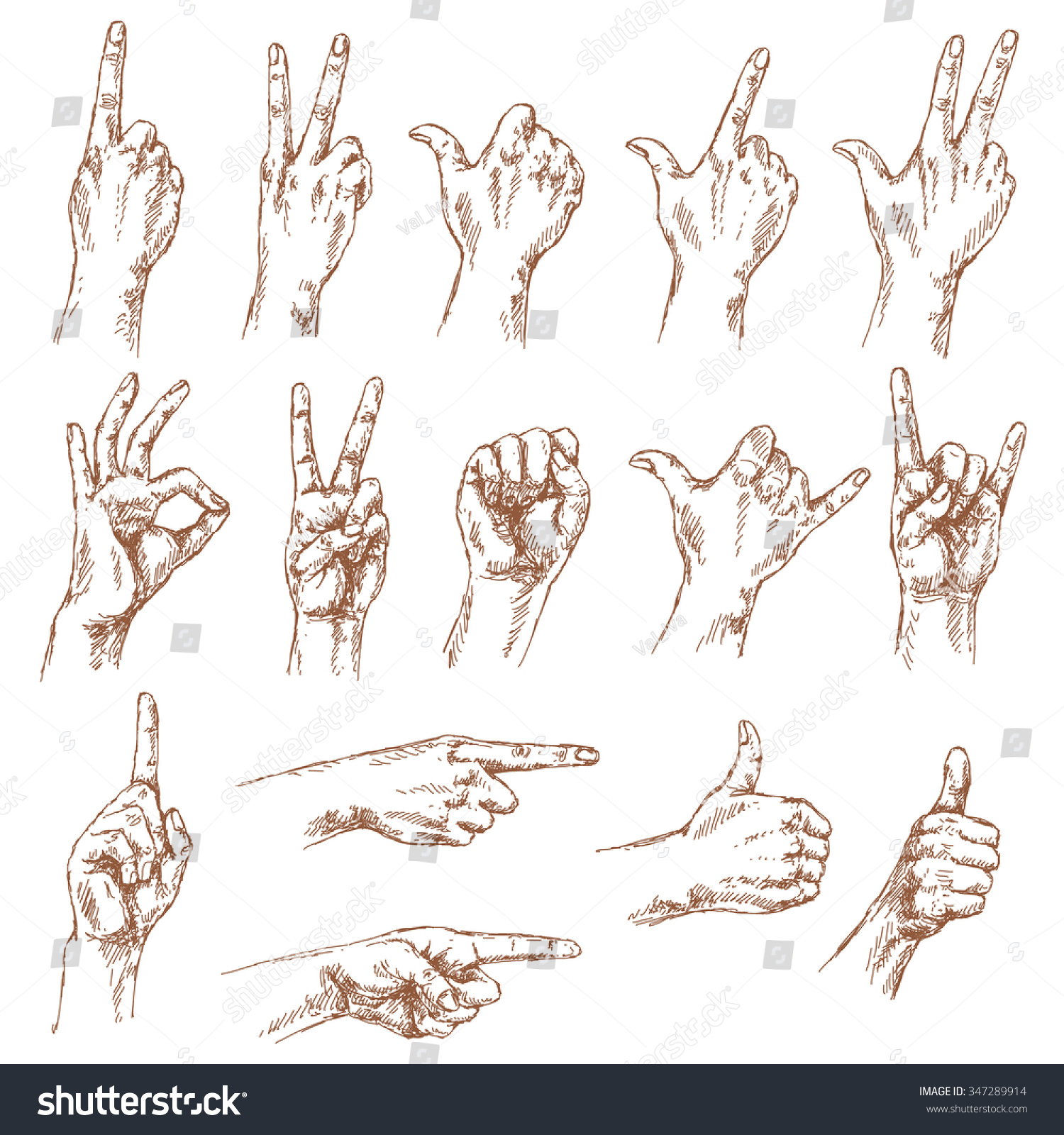 Sketch Hand Gestures Set Different Positions Stock Vector