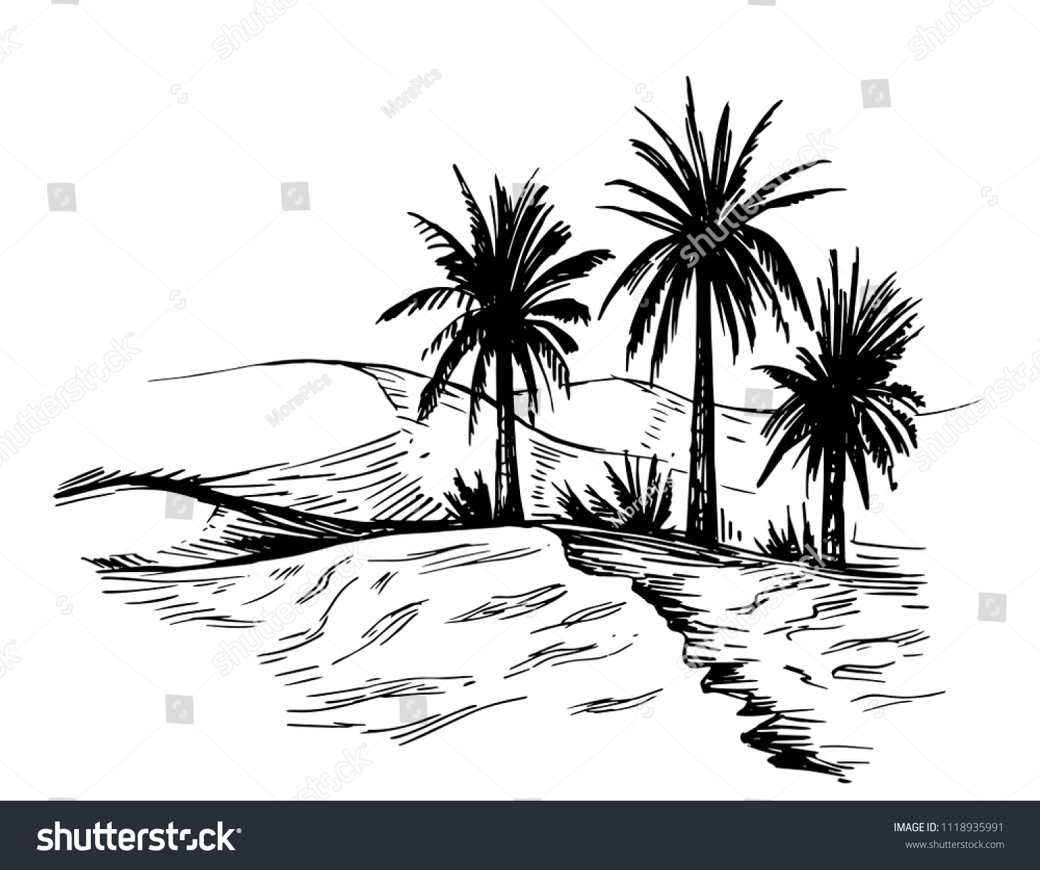 Sketch Oasis Desert Hand Drawn Illustration Stock Vector (Royalty Free ...