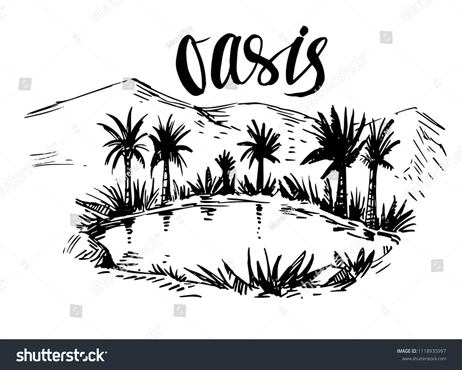 Sketch Oasis Desert Hand Drawn Illustration 스톡 벡터(사용료 없음) 1118935997