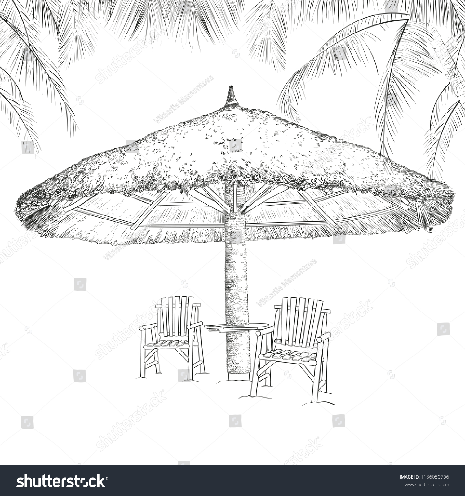 Sketch Parasol Chairs Under Palms Vector Stock Vector (Royalty Free ...