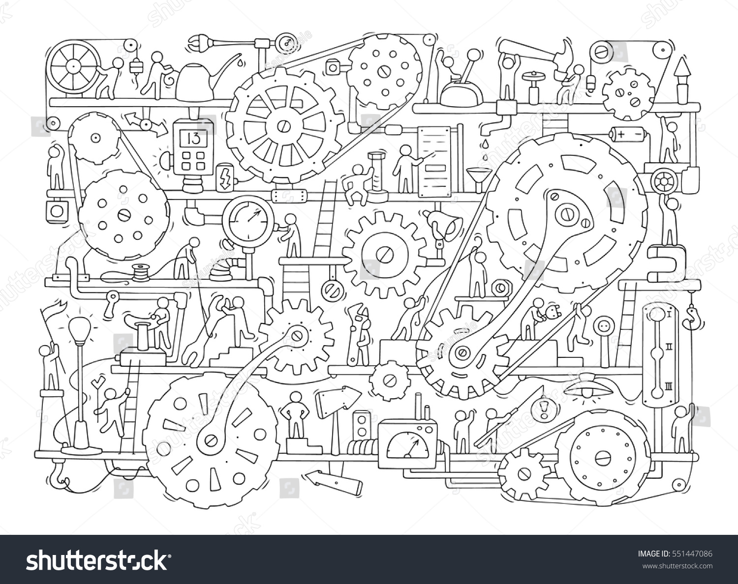 Sketch People Teamwork Gears Production Doodle Stock Vector Royalty