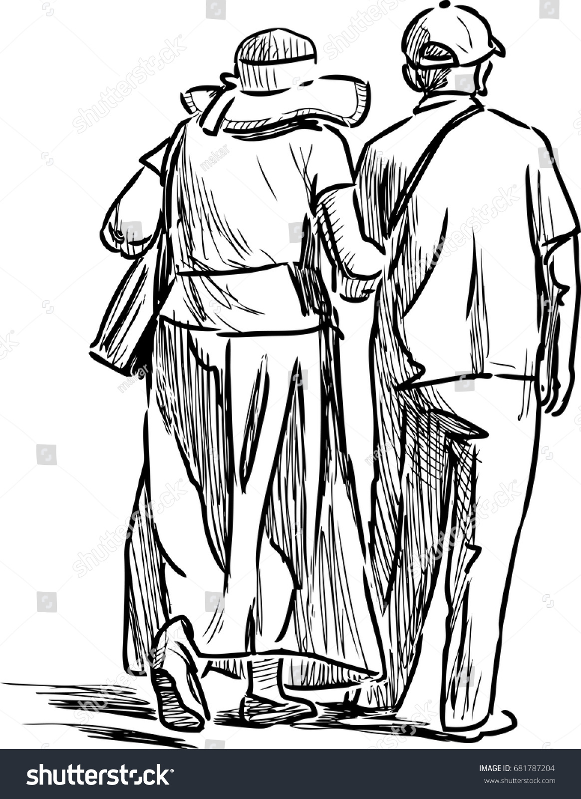 Sketch Elderly Spouses Townspeople On Stroll Stock Vector Royalty Free