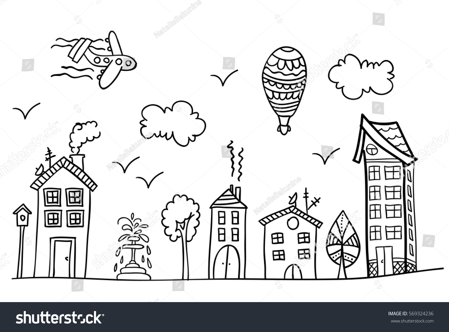 Sketch Town Street Coloring Book Page Stock Vector 569324236 - Shutterstock