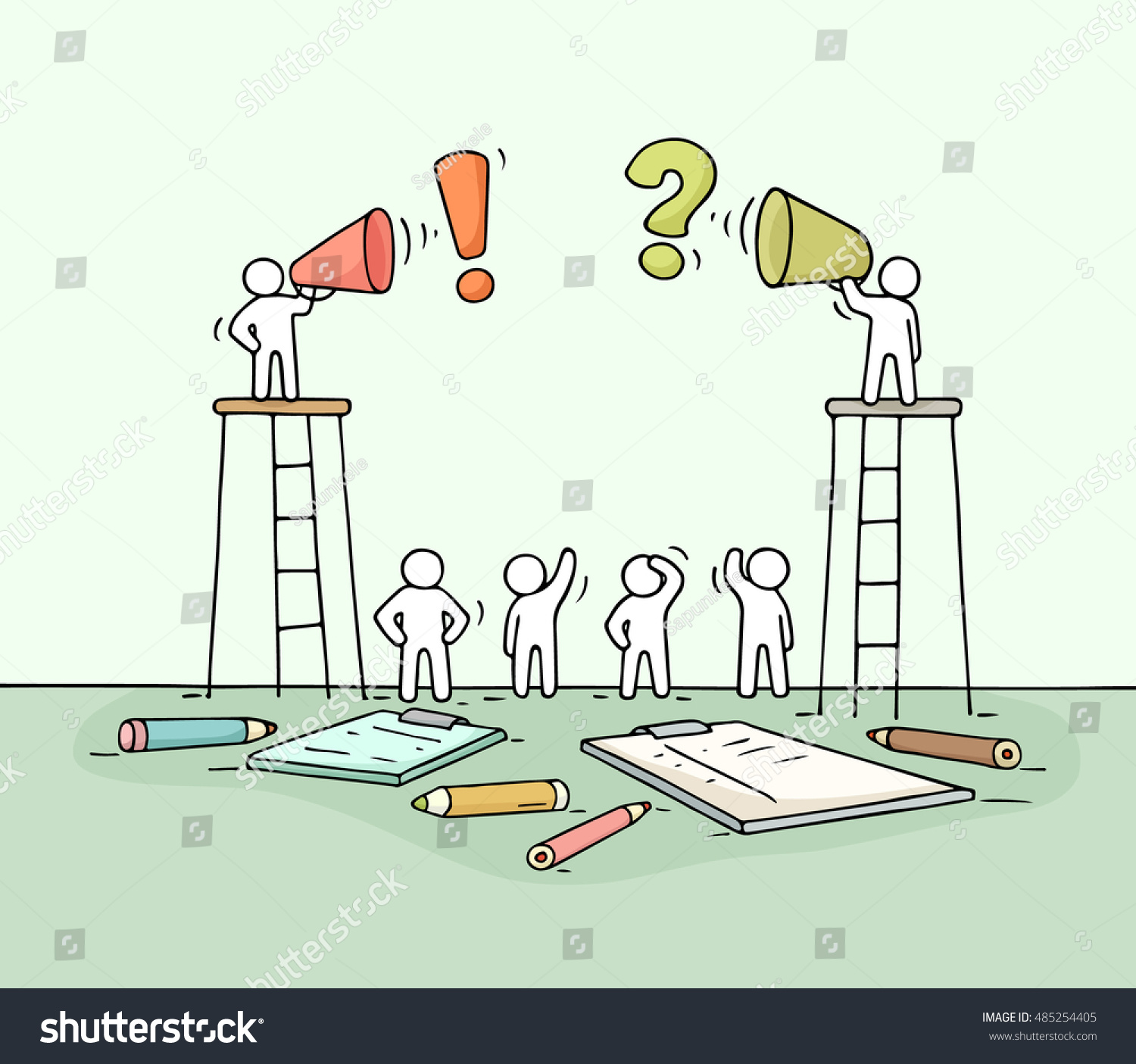 SVG of Sketch of two speakers. Doodle cute miniature scene of workers with loudspeakers. Hand drawn cartoon vector illustration for business design. svg
