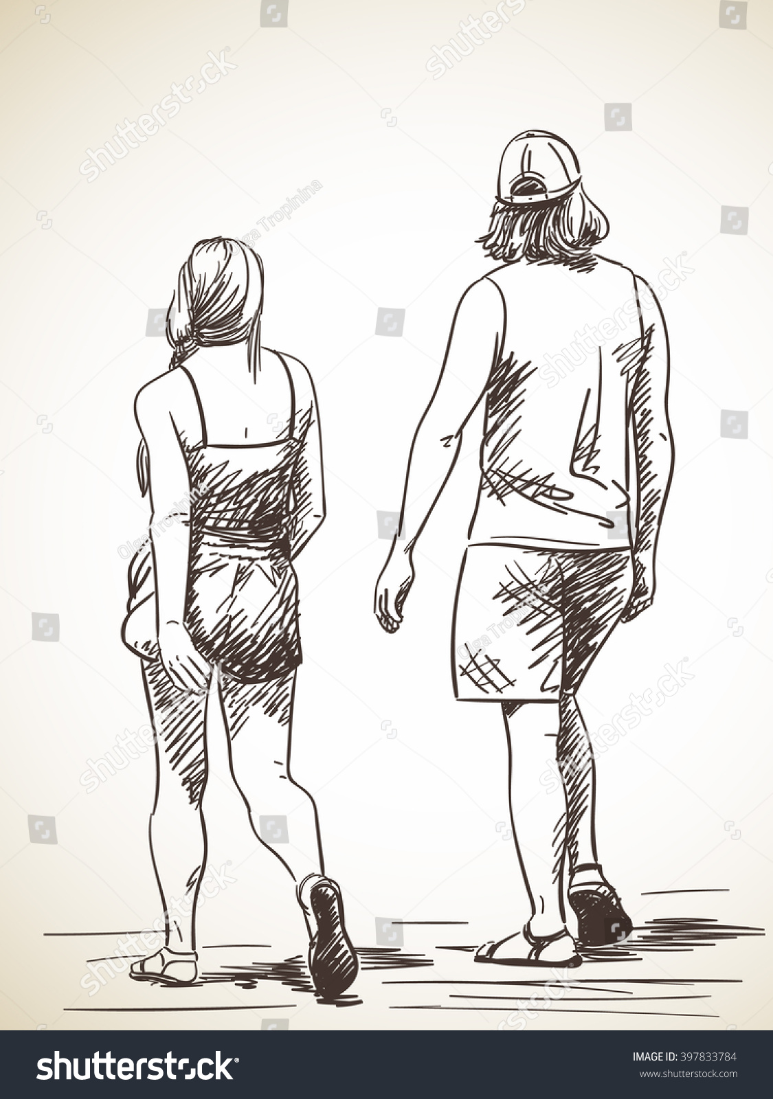 Sketch Walking Couple Hand Drawn Illustration Stock Vector (Royalty ...