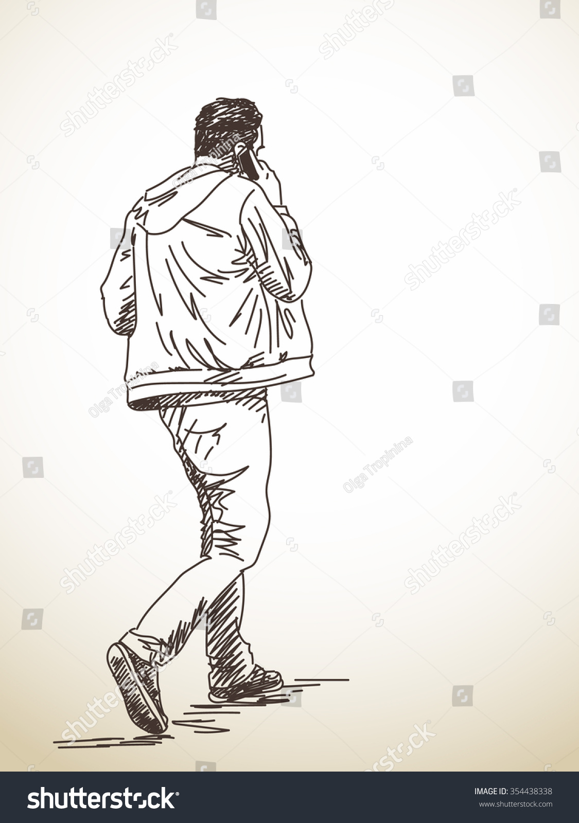 Sketch Of Walking Man Talking On Mobile Phone, Hand Drawn Illustration ...