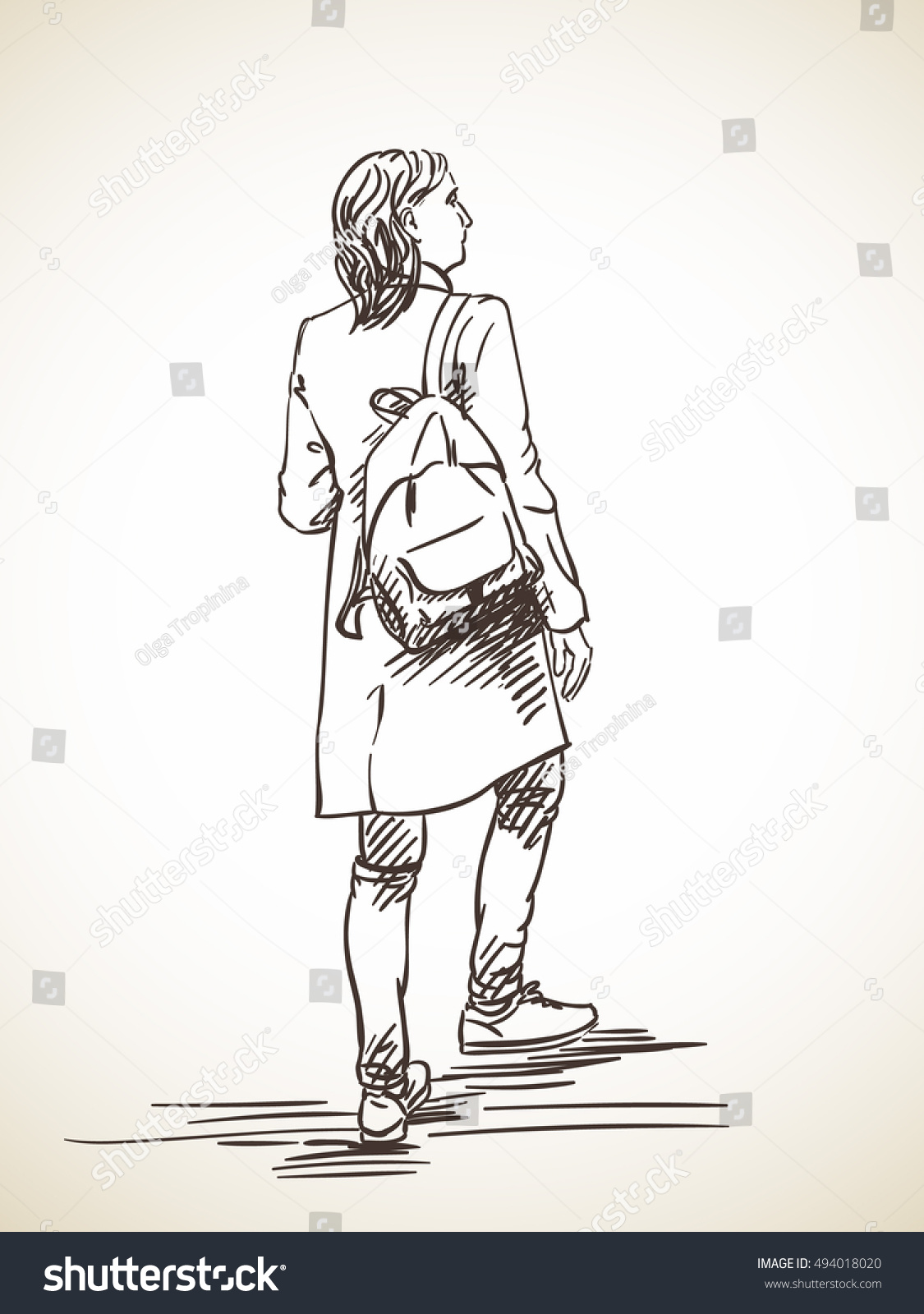 Sketch Walking Woman Back View Hand Stock Vector (Royalty Free ...