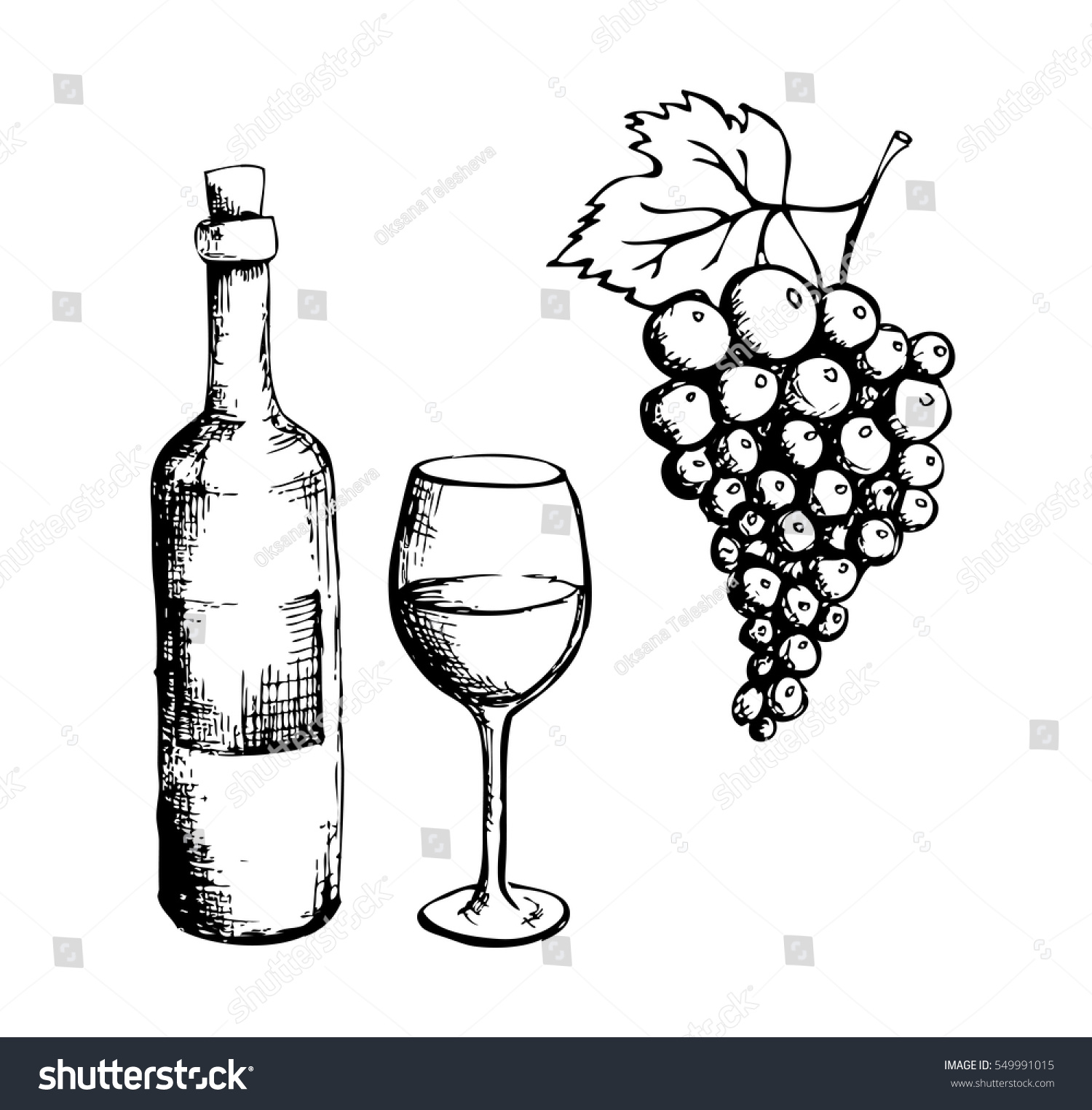 Sketch Wine Bottle Glass Grapes Stock Vector (Royalty Free) 549991015