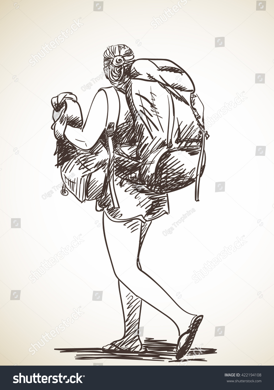 Sketch Woman Walking Backpack Hand Drawn Stock Vector (Royalty Free ...