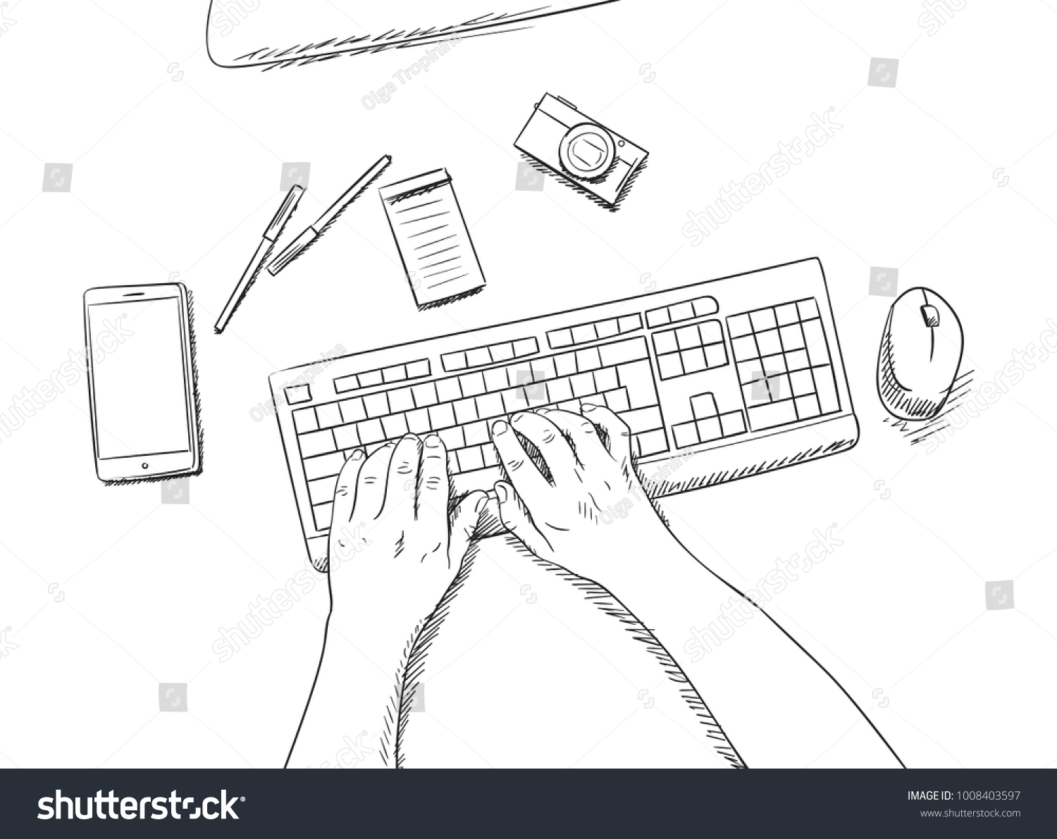 Sketch Working Place Hands Keyboard Mouse Stock Vector