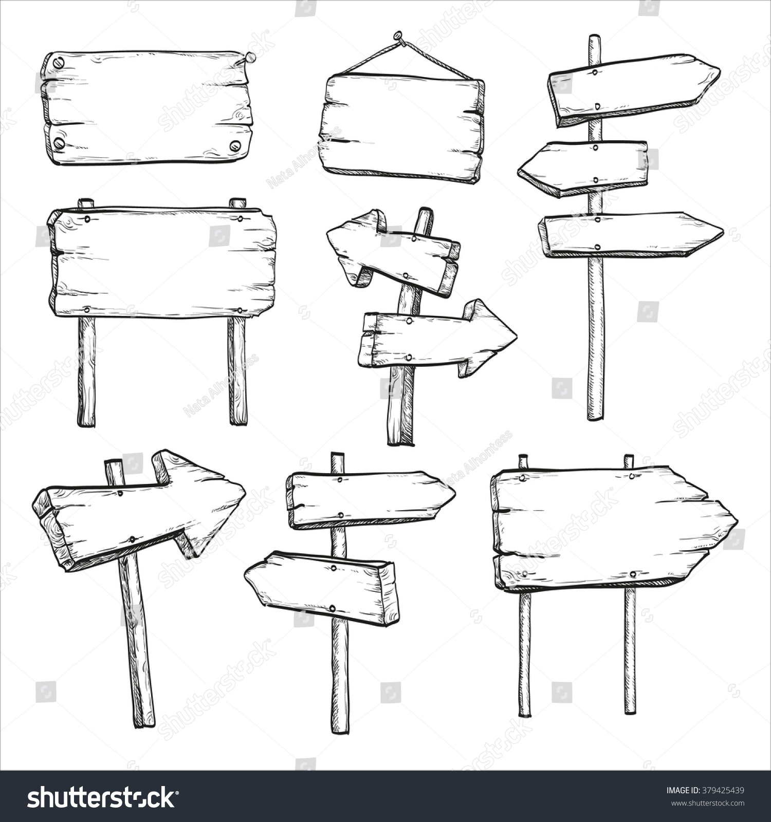 Sketch Set Wooden Signposts Signboards Hand Stock Vector 379425439 ...