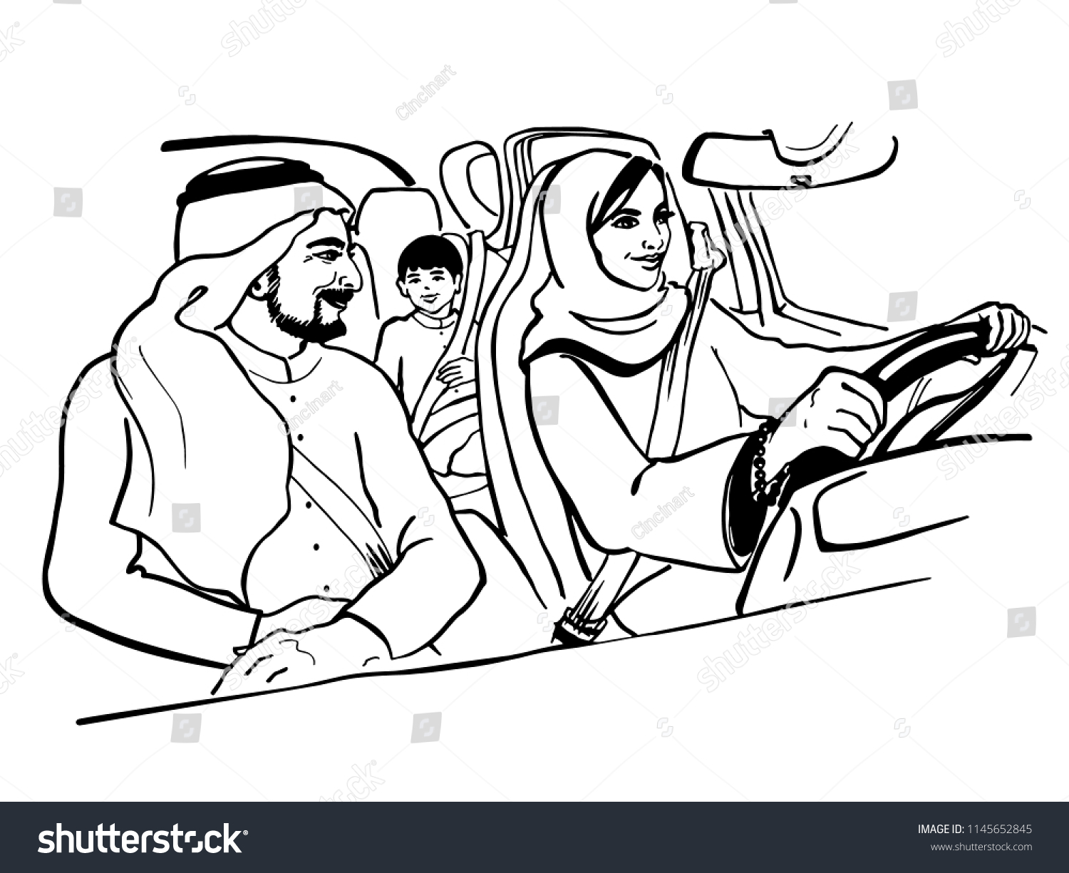 Sketching Arabian Woman Drive Car Hand Stock Vector Royalty Free 1145652845