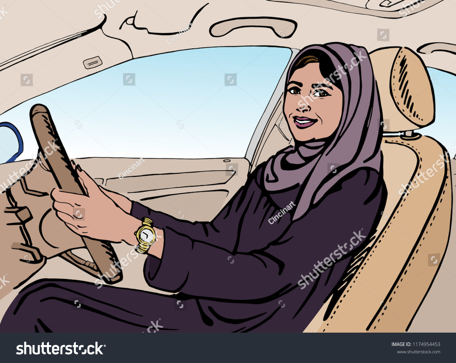 Sketching Arabian Woman Drive Car Hand Vetor Stock Livre De Direitos 1174954453 Shutterstock
