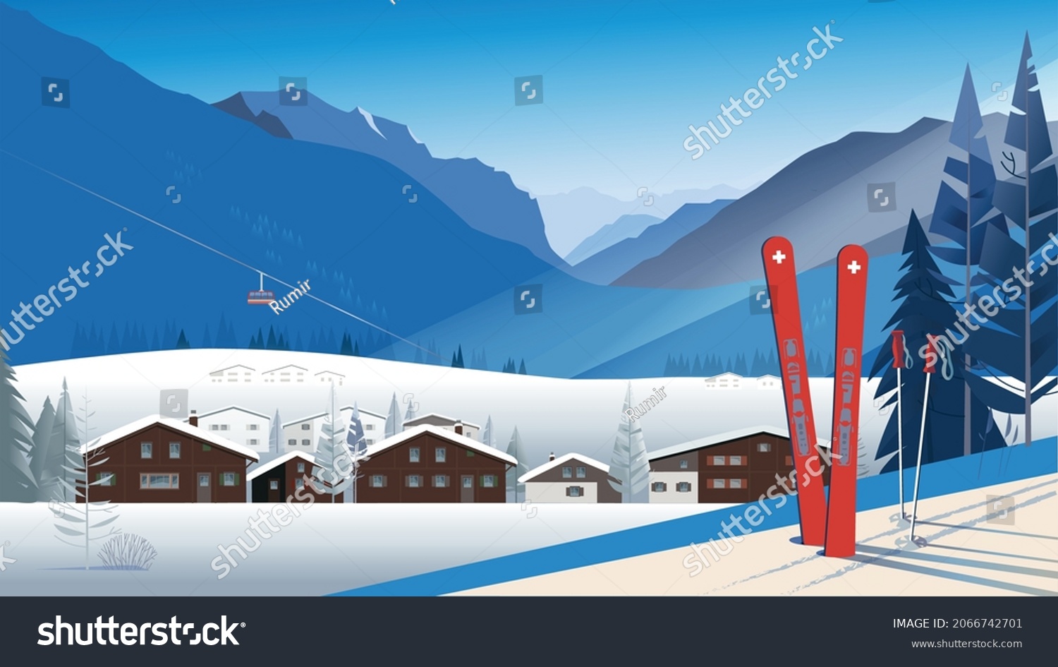SVG of Ski resort on a bright sunny day. Panoramic view of a traditional Alpine village in front of the mountains with a cable car in the distance. Skiing in a snowdrift. svg