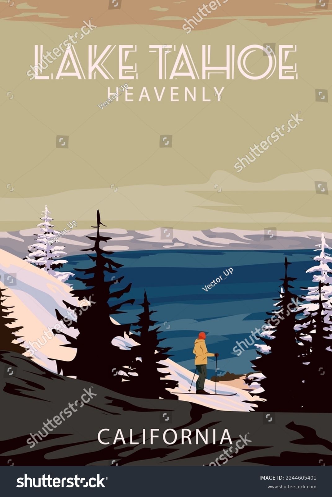 SVG of Ski Travel resort poster vintage Lake Tahoe. California USA winter landscape travel card svg